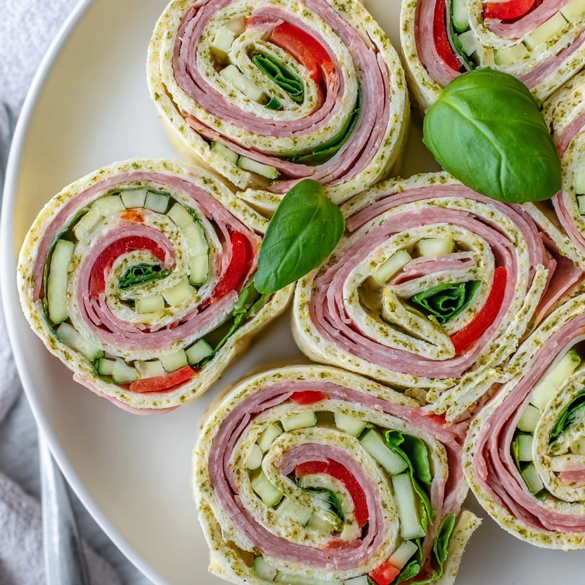 Chilled Italian Pinwheel Sandwiches sliced neatly, savory salami, soft provolone, basil garnish