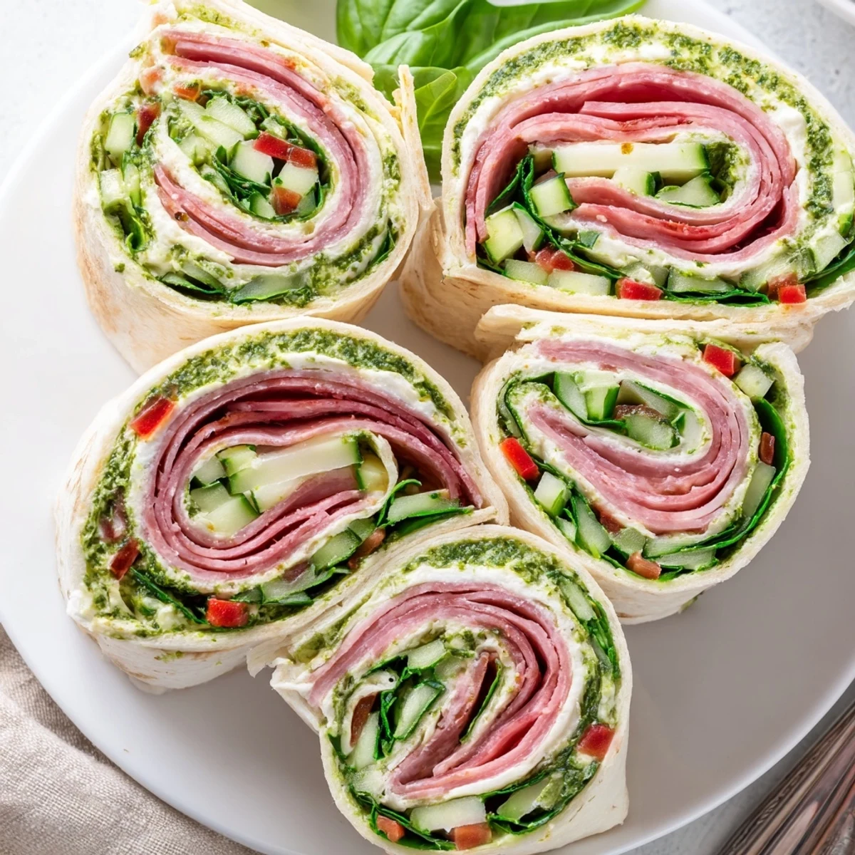 Party ready Italian Pinwheel Sandwiches on cutting board, cream cheese swirled, cucumber crunch