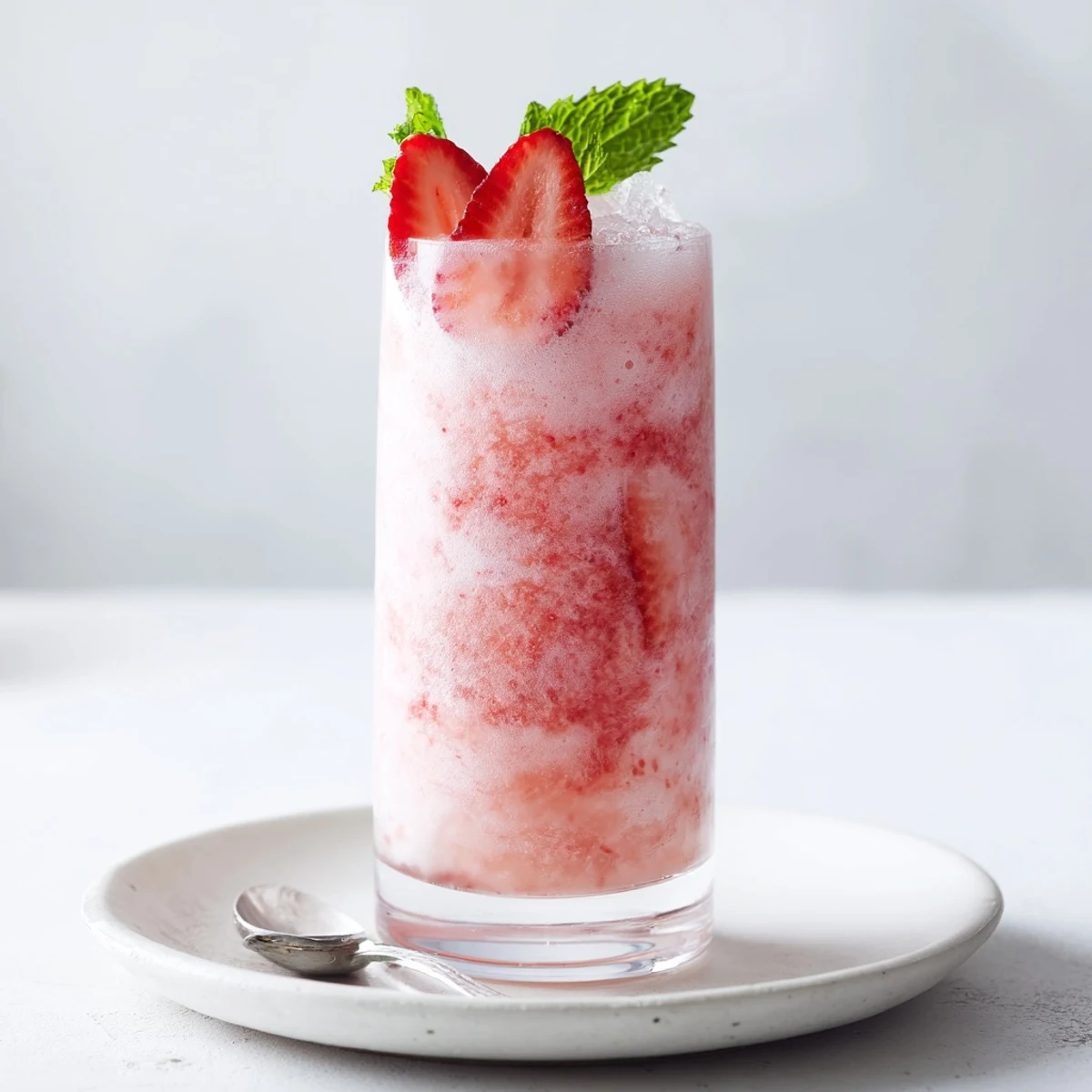 Frothy Strawberry Coconut Cooler Recipe, chilled and garnished with mint and strawberry.