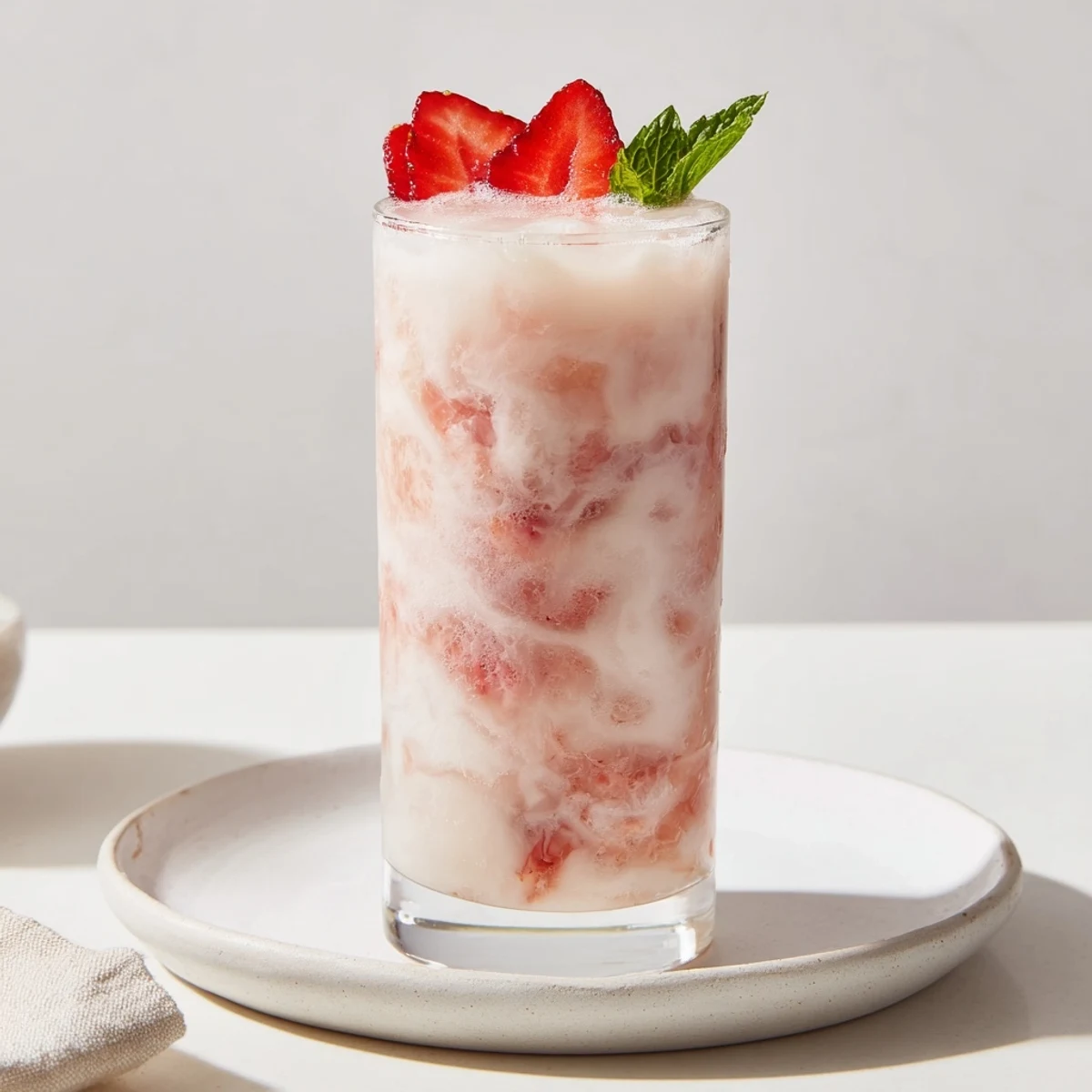 Refreshing Strawberry Coconut Cooler Recipe blended with lime, coconut milk, served over ice.