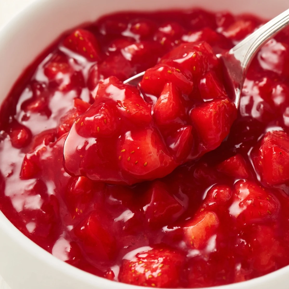 Glossy, ruby filling cooling in saucepan from the Strawberry Cake Filling Recipe