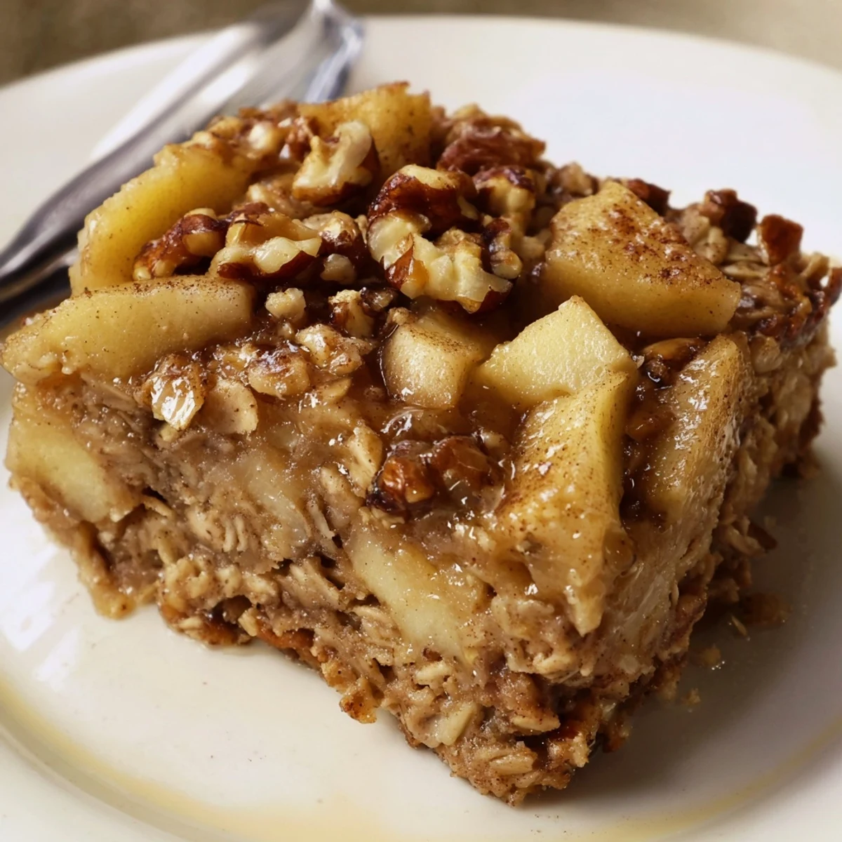 Spoonful of Delicious Apple Cinnamon Oatmeal Bake topped with creamy yogurt.