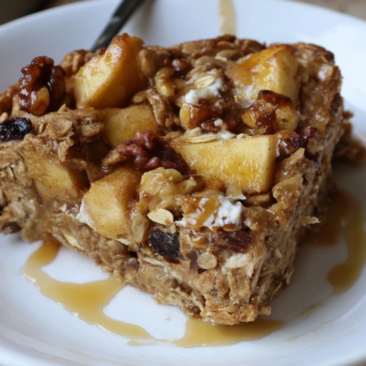 Delicious Apple Cinnamon Oatmeal Bake steaming in dish, golden apples visible.