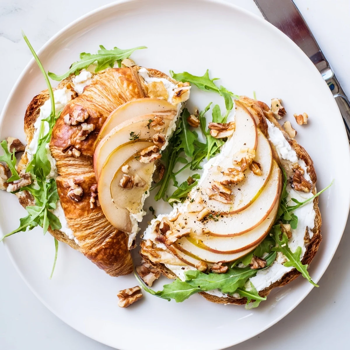 Buttery Apple Goat Cheese Croissant Sandwich with crisp arugula and honey drizzle
