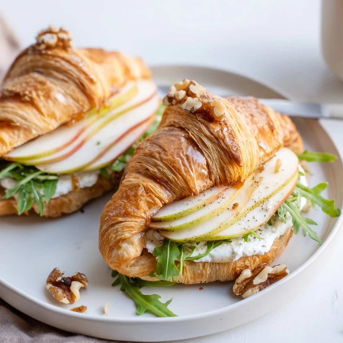 Flaky Apple Goat Cheese Croissant Sandwich layered with tart apples and walnuts