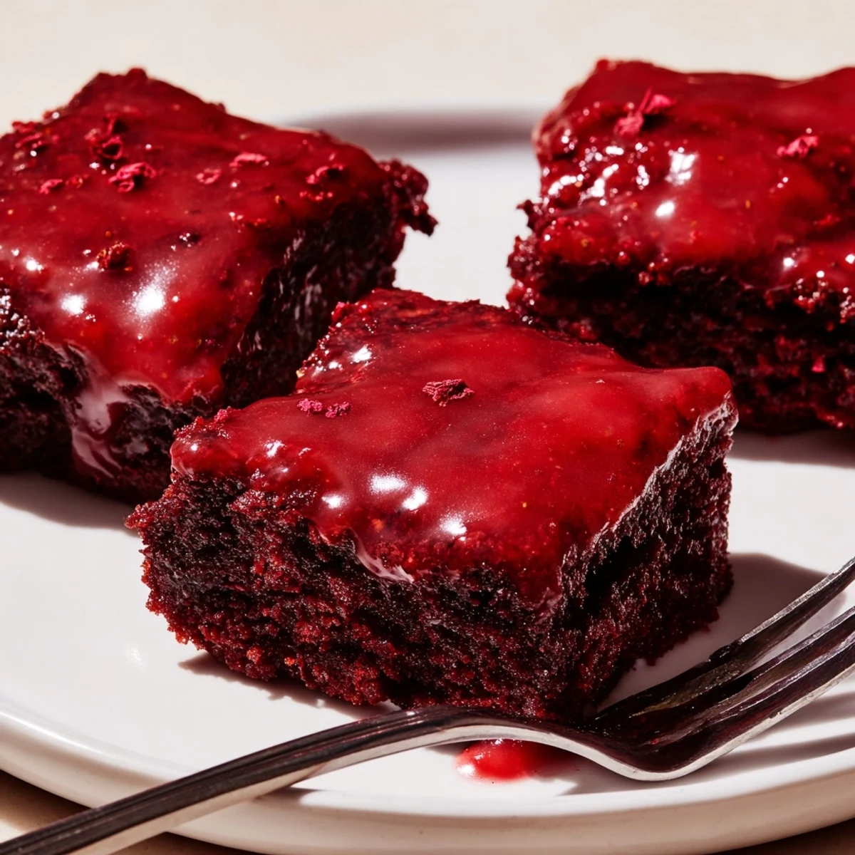 A square of Strawberry Brownies Recipe, glossy glaze, garnished with pillowy whipped cream.