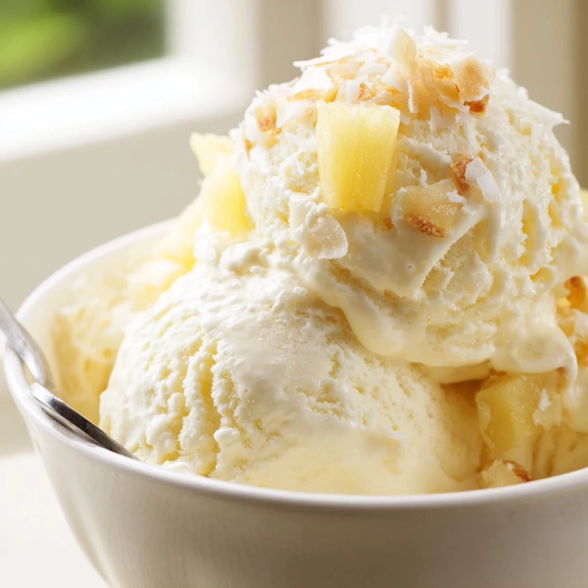 Creamy Pineapple Ice Cream scoops in a chilled bowl, tropical aroma.