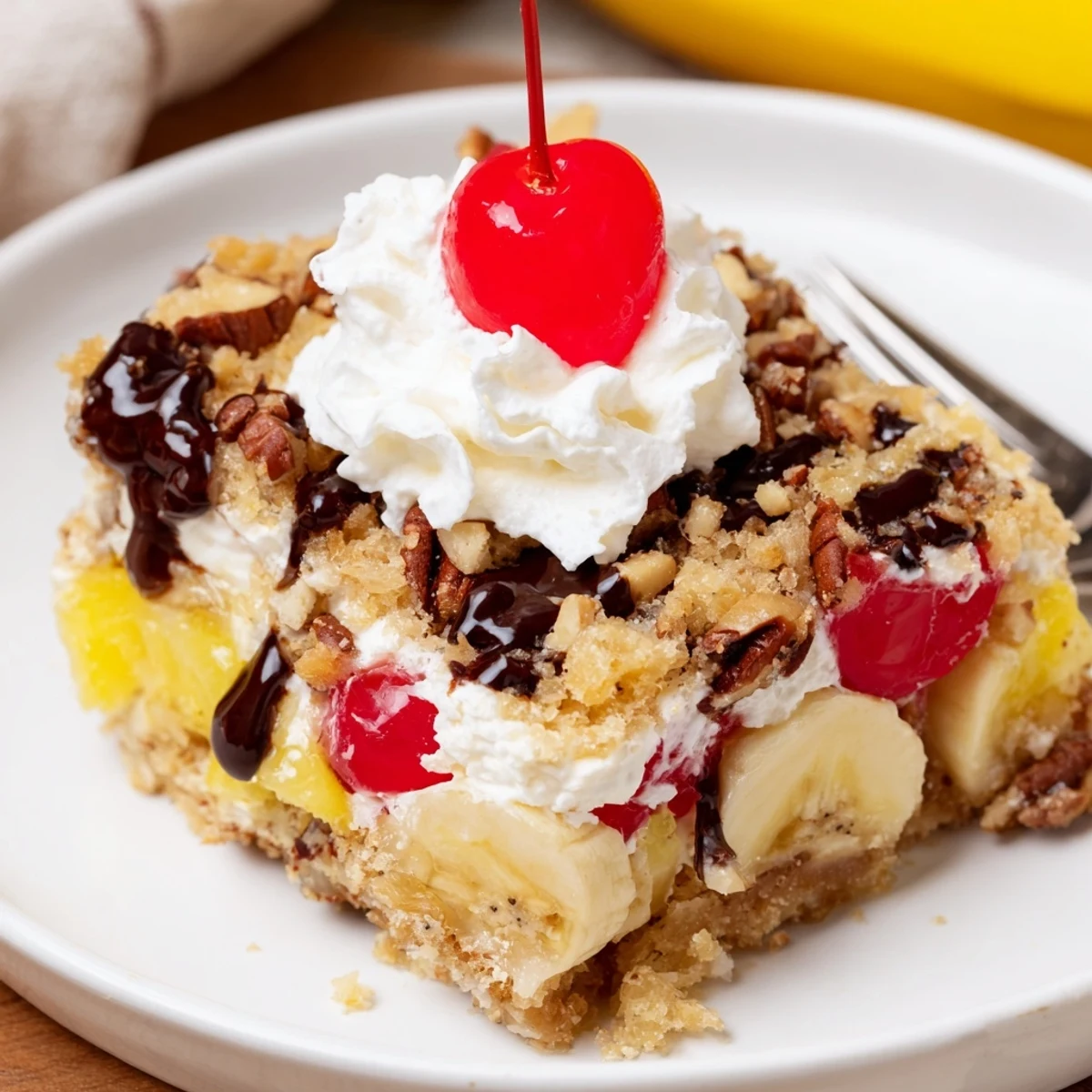 Warm Banana Split Dump Cake with bubbling edges, glistening cherries, melty chocolate.