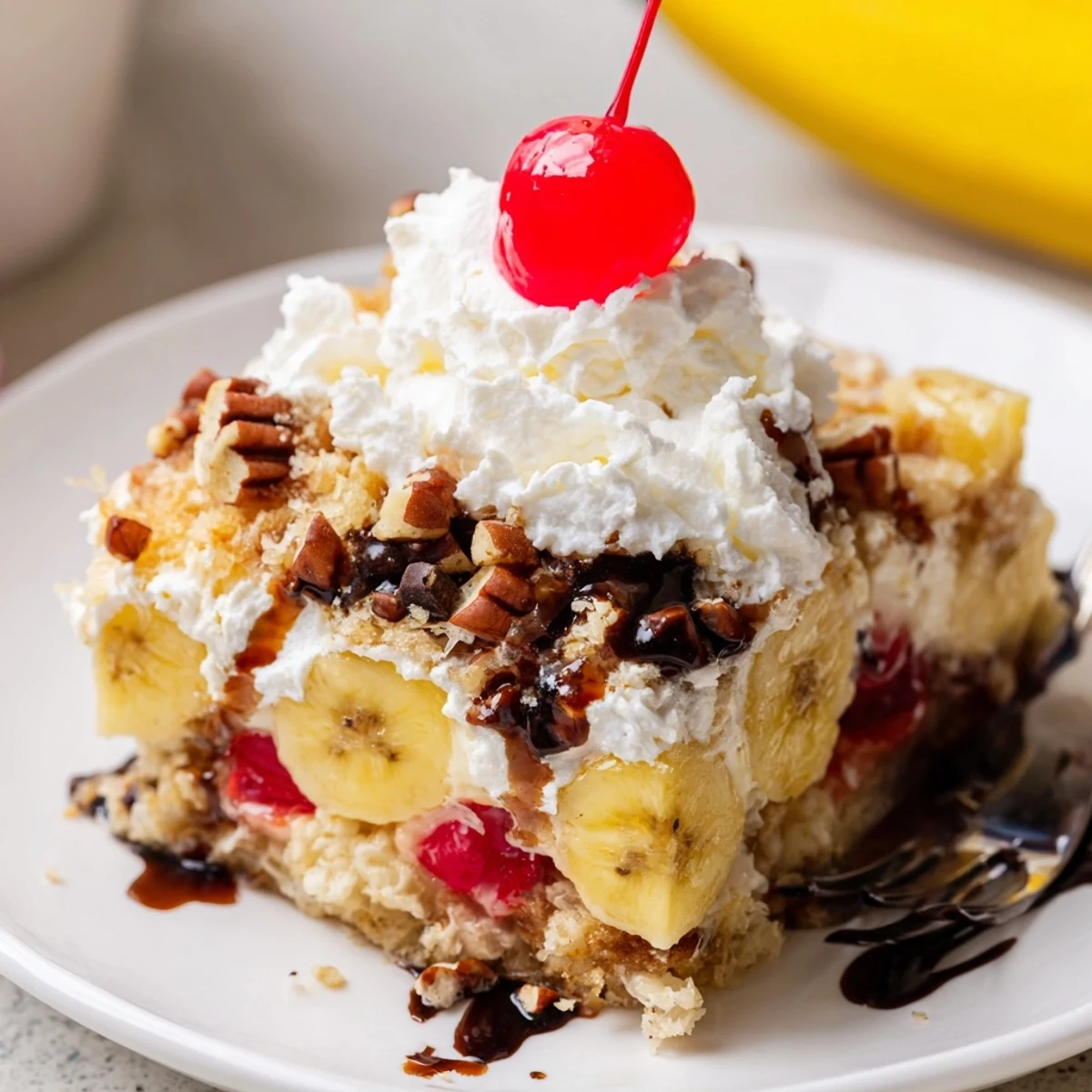 Baked Banana Split Dump Cake topped with whipped cream, sliced bananas, chocolate syrup.