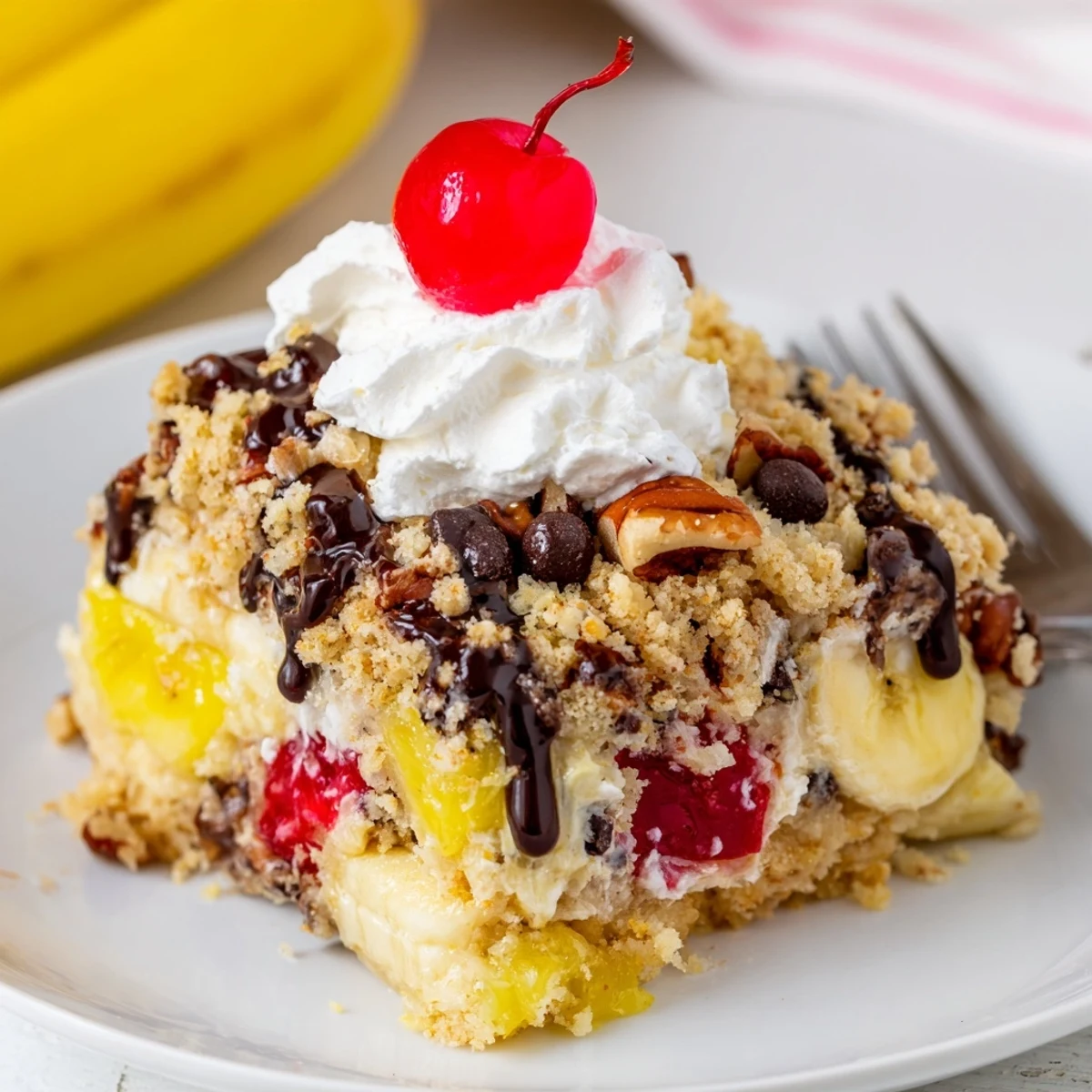 Slice of Banana Split Dump Cake drizzled with chocolate, served with vanilla ice cream.