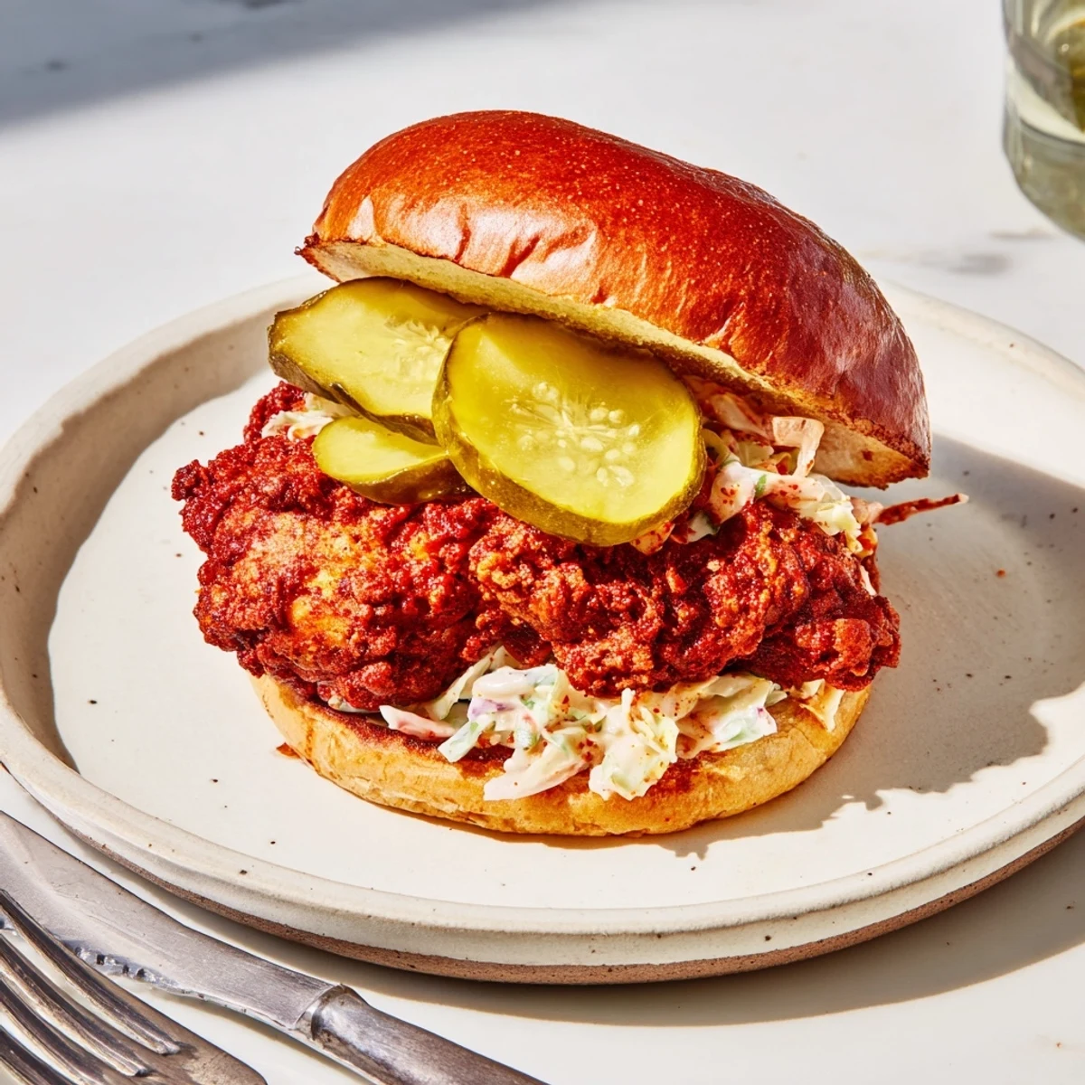 Toasted brioche hugging Spicy Nashville Hot Chicken Sandwiches glazed with fiery sauce.