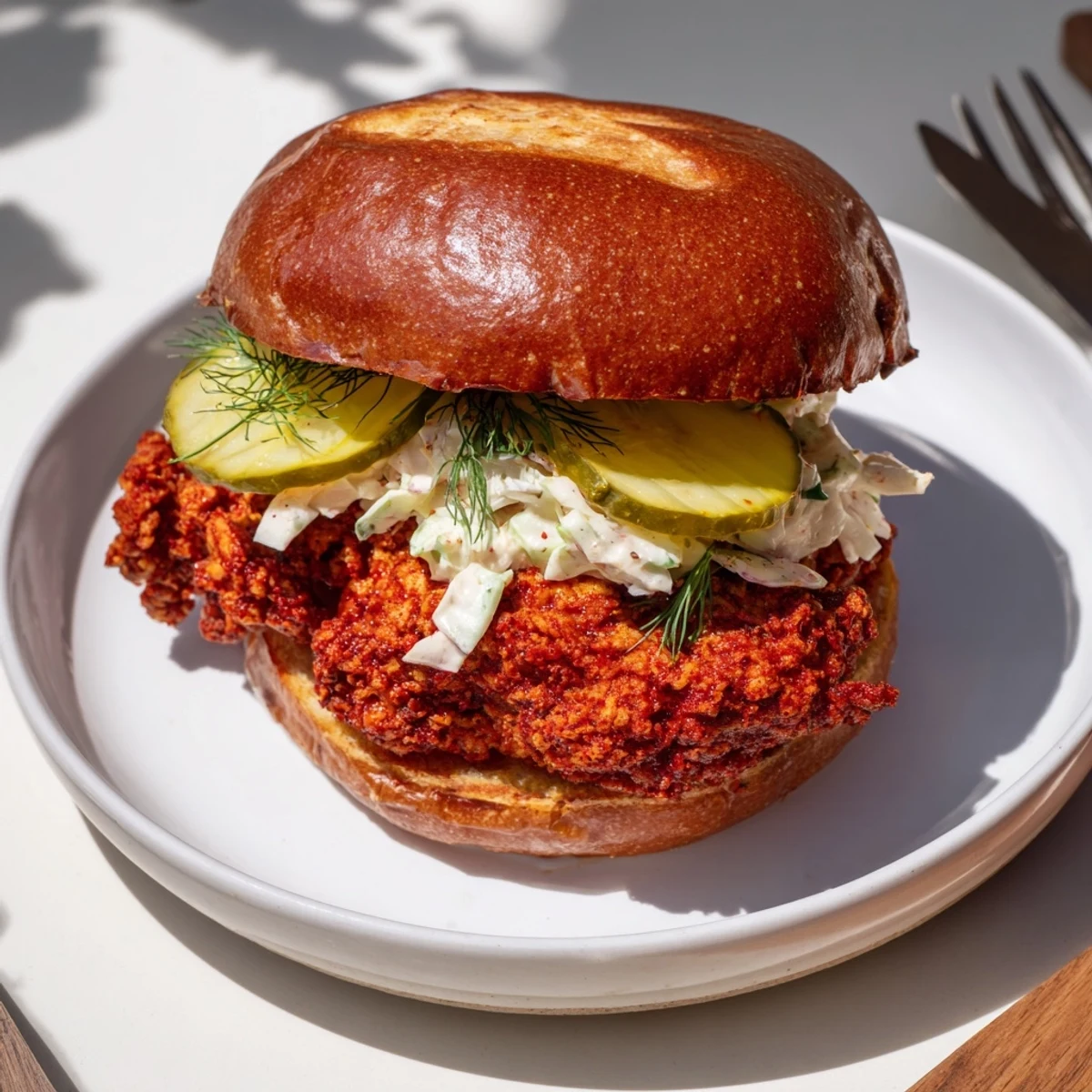 Spicy Nashville Hot Chicken Sandwiches topped with creamy slaw, crunchy dill pickles.