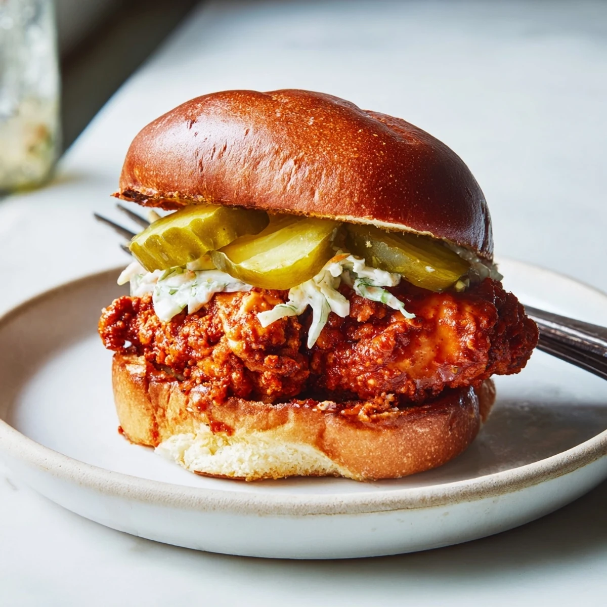 Evening plate of Spicy Nashville Hot Chicken Sandwiches beside cold sweet iced tea.