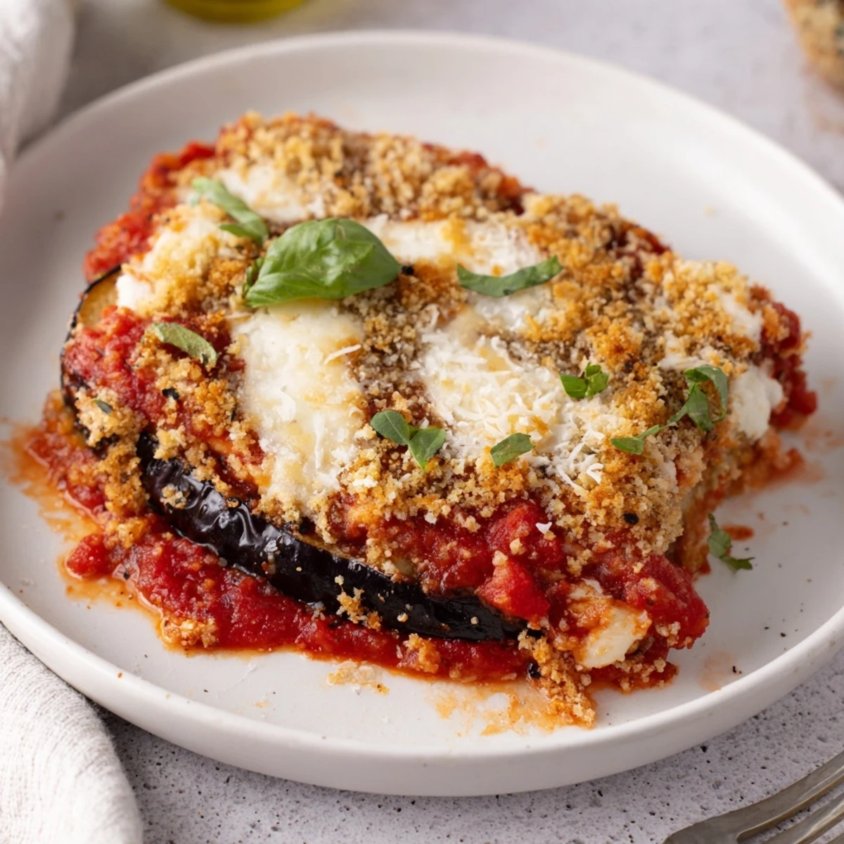 Baked Eggplant Parmesan with golden bubbly cheese, herb scented marinara, crisp edges.