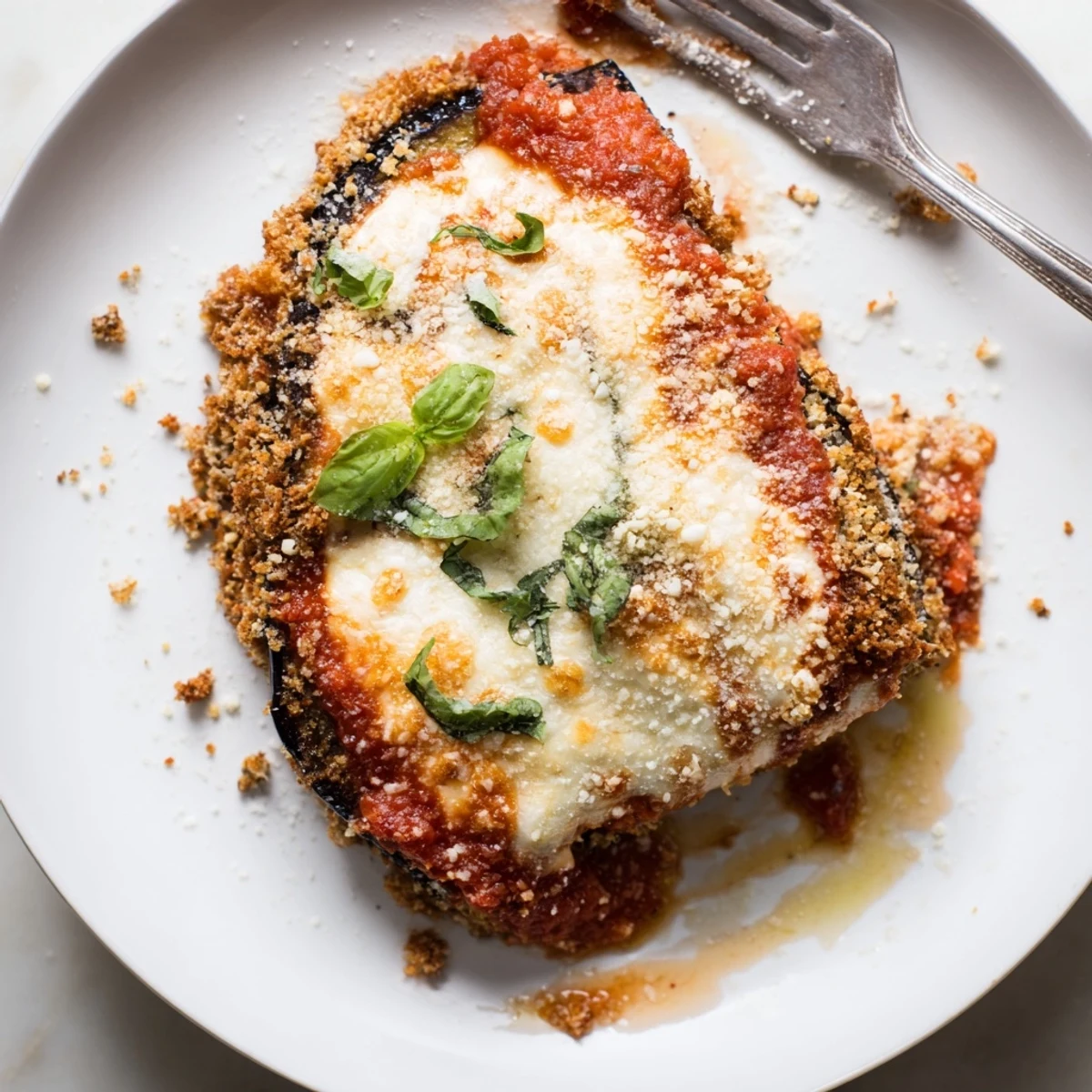 Crisp breaded Baked Eggplant Parmesan, garlicky marinara and melted mozzarella, perfect comfort.