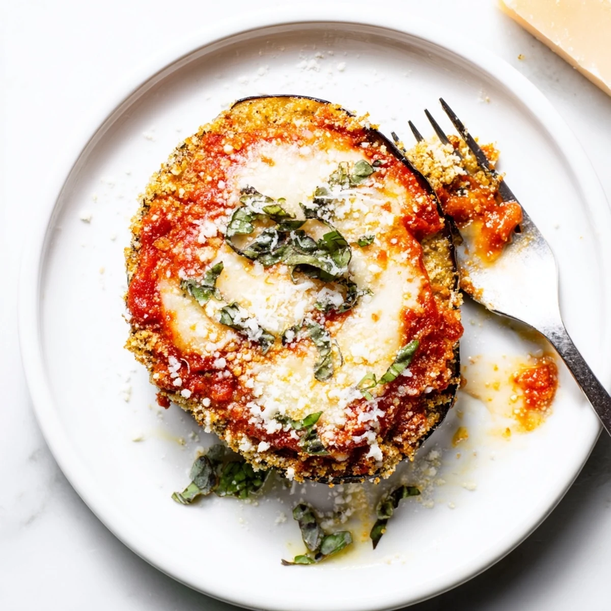 Layered Baked Eggplant Parmesan served warm on platter, basil garnish, olive oil sheen.
