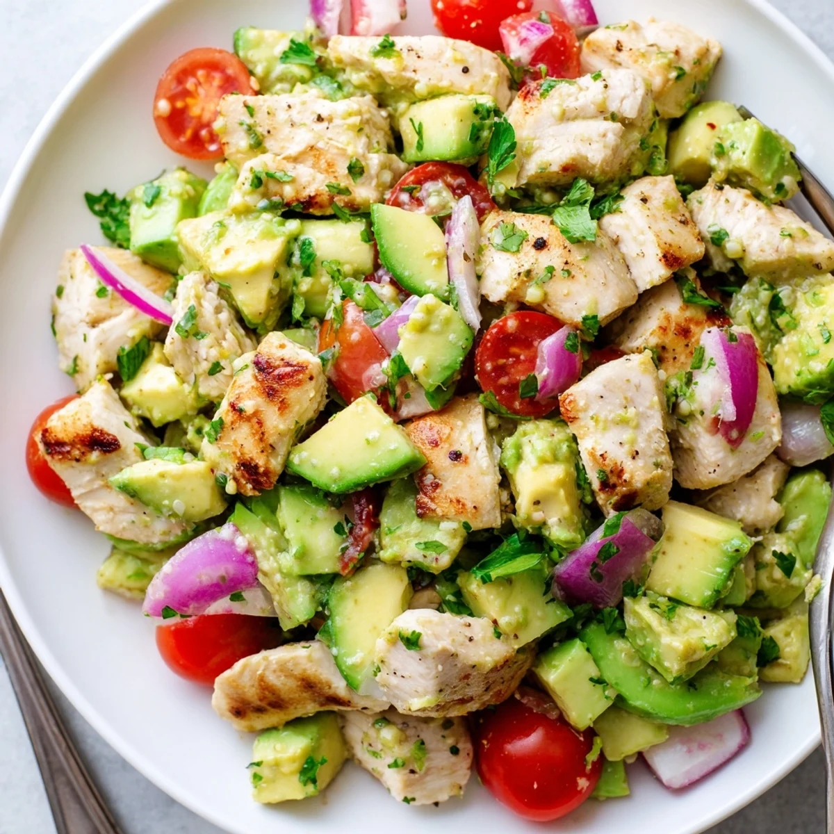 Healthy Avocado Chicken Salad with creamy texture, juicy chicken, bright lime dressing