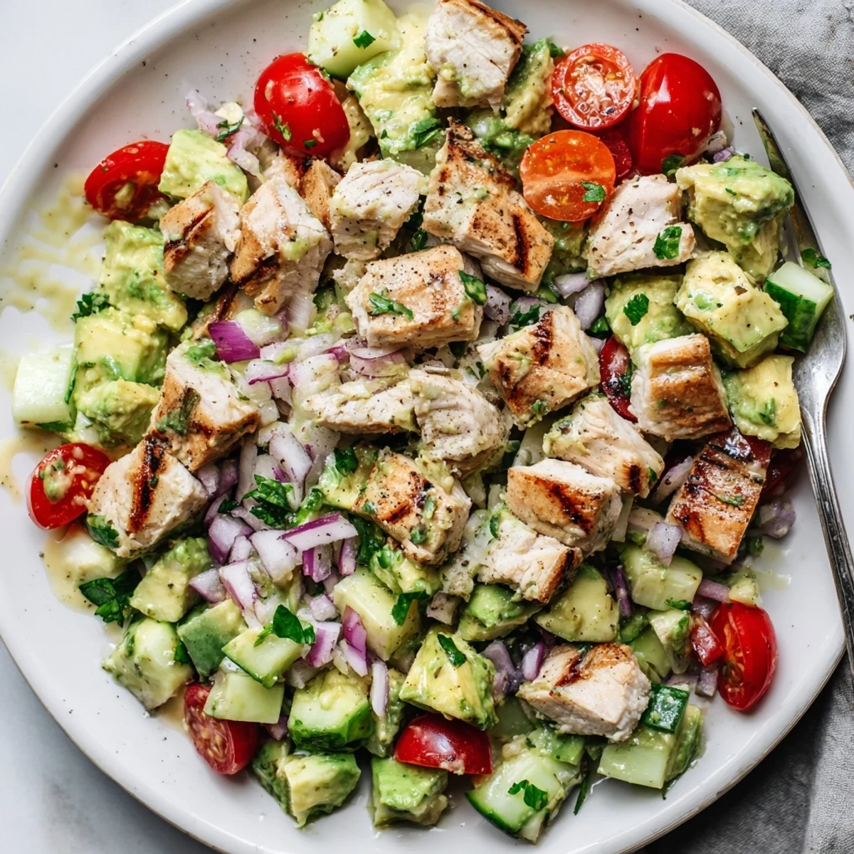 Grilled, diced Healthy Avocado Chicken Salad tossed with crisp cucumber and cilantro