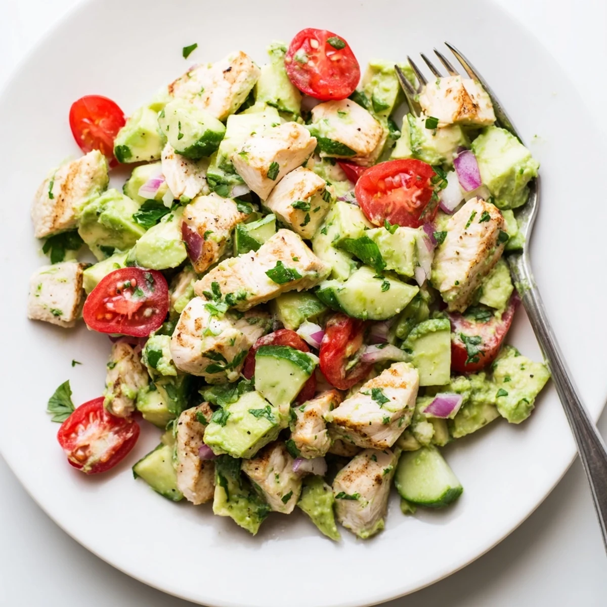 Light Healthy Avocado Chicken Salad served over whole grain toast for lunch