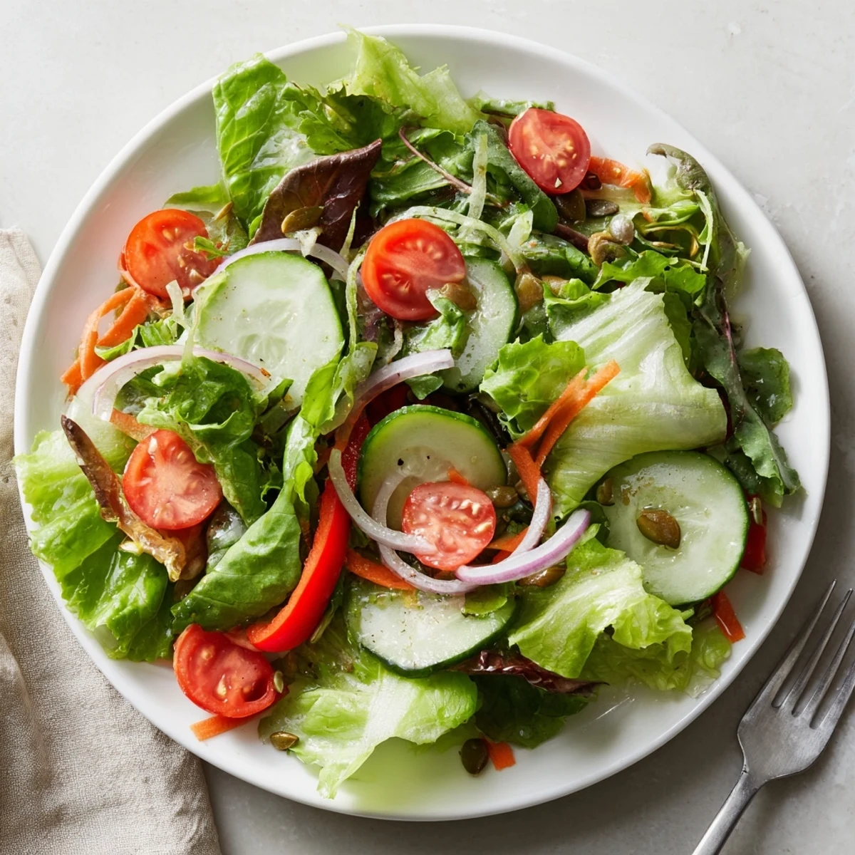 Garden Salad with crisp greens, cherry tomatoes, and bright vinaigrette drizzle