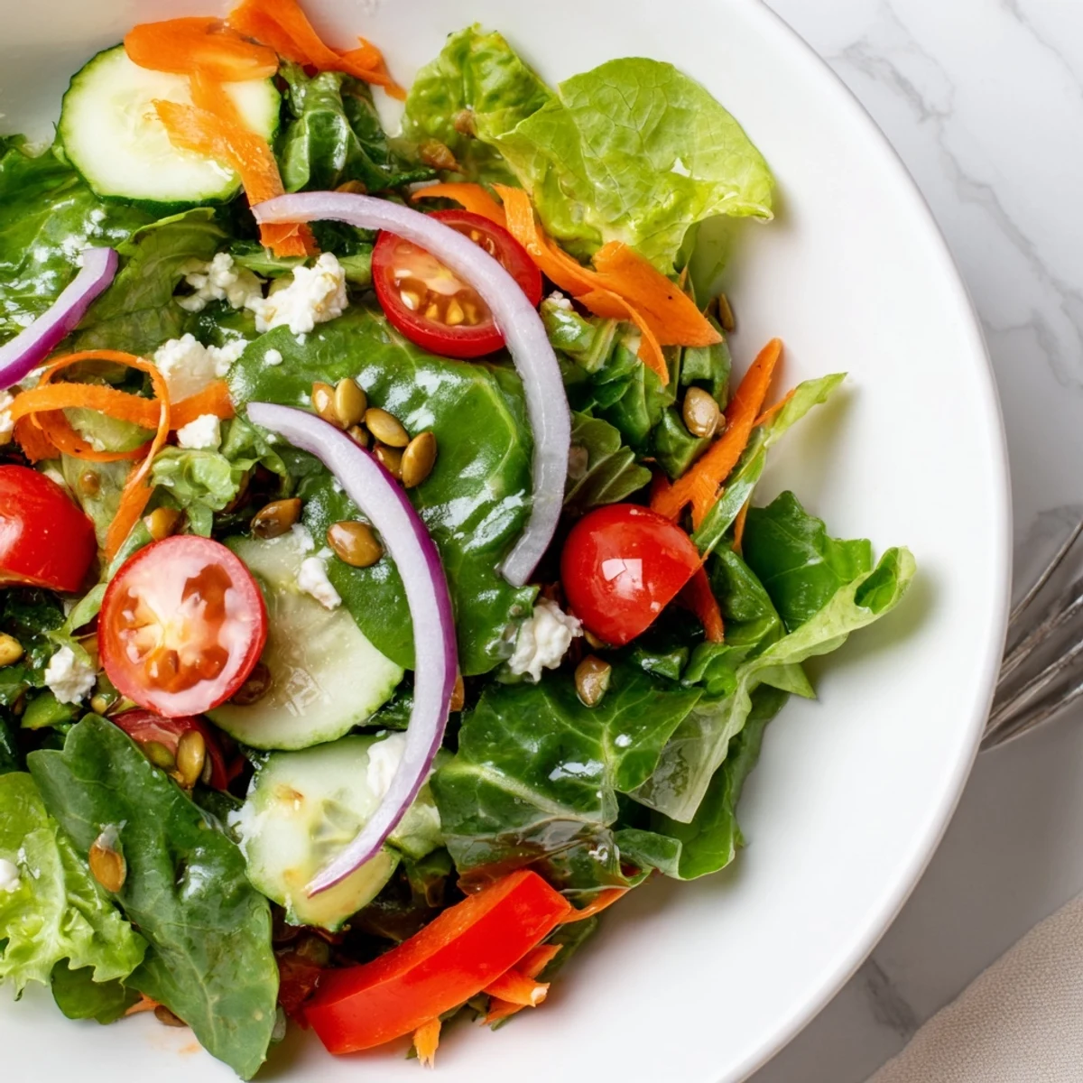 Colorful Garden Salad served in wooden bowl alongside grilled chicken for dinner