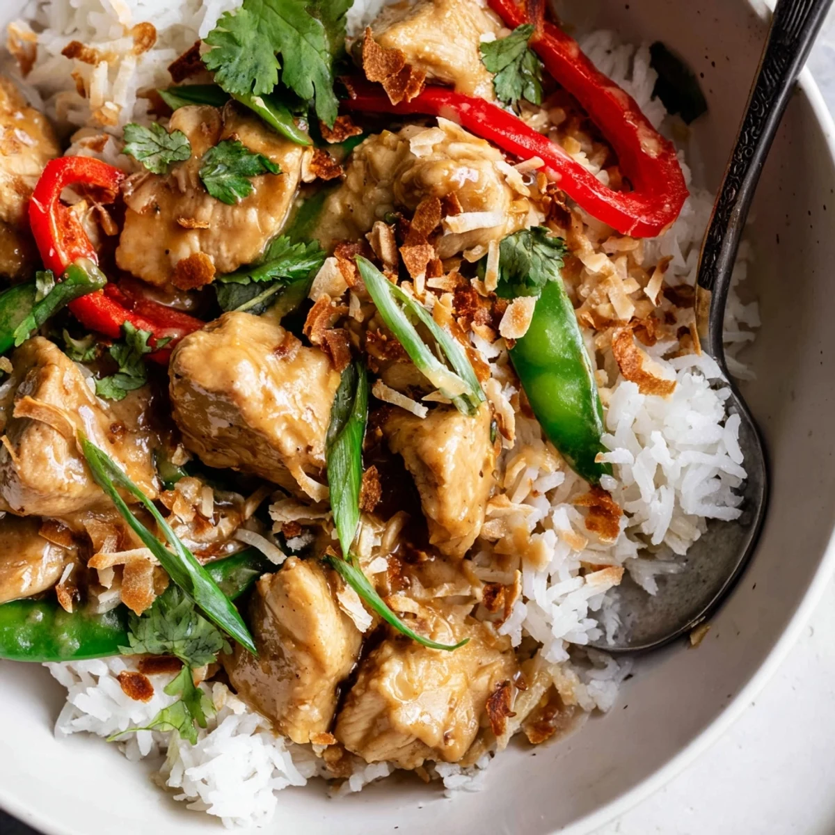Steaming Coconut Chicken Rice Bowl topped with toasted coconut flakes and spring onions.