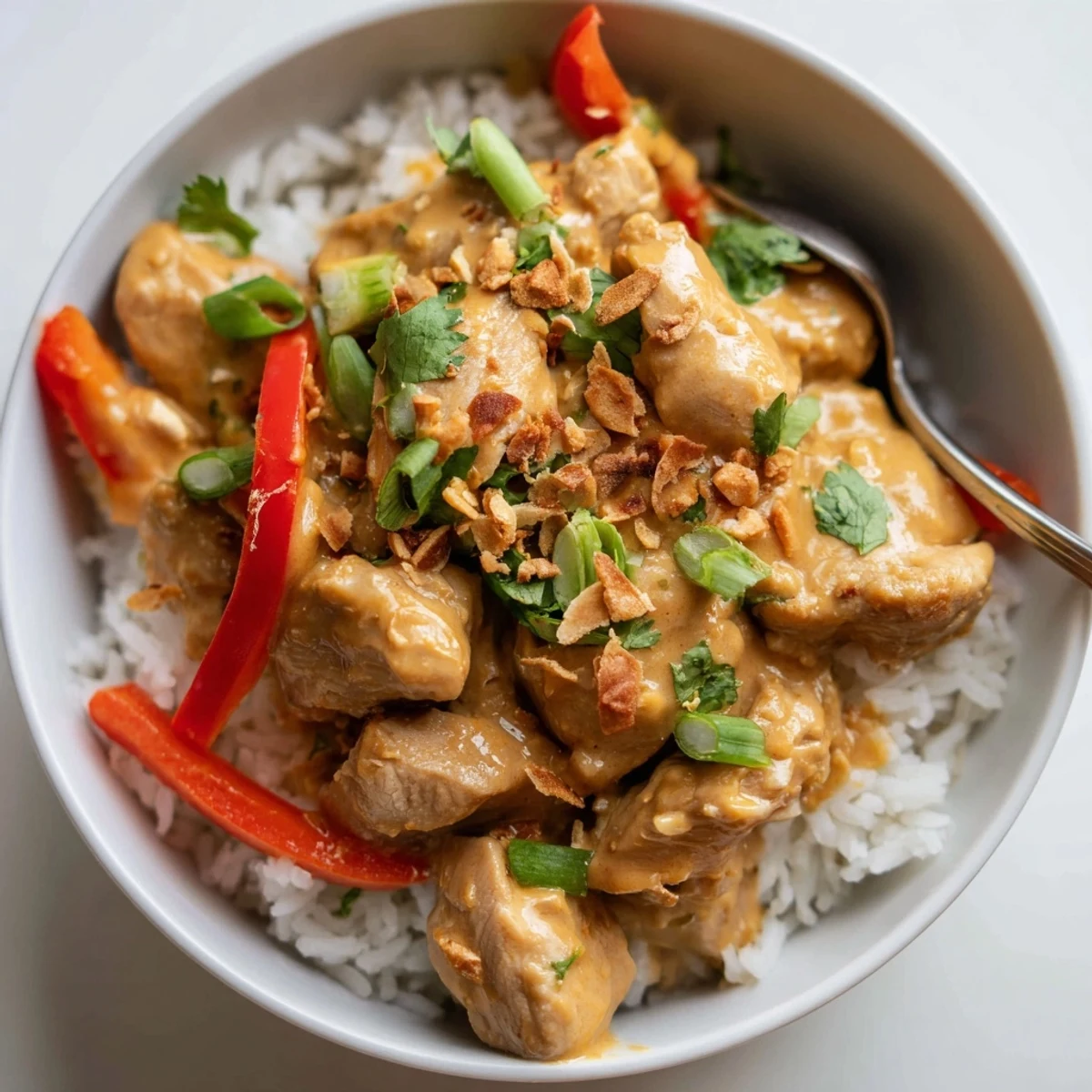 Coconut Chicken Rice Bowl with creamy sauce, jasmine rice and cilantro garnish.