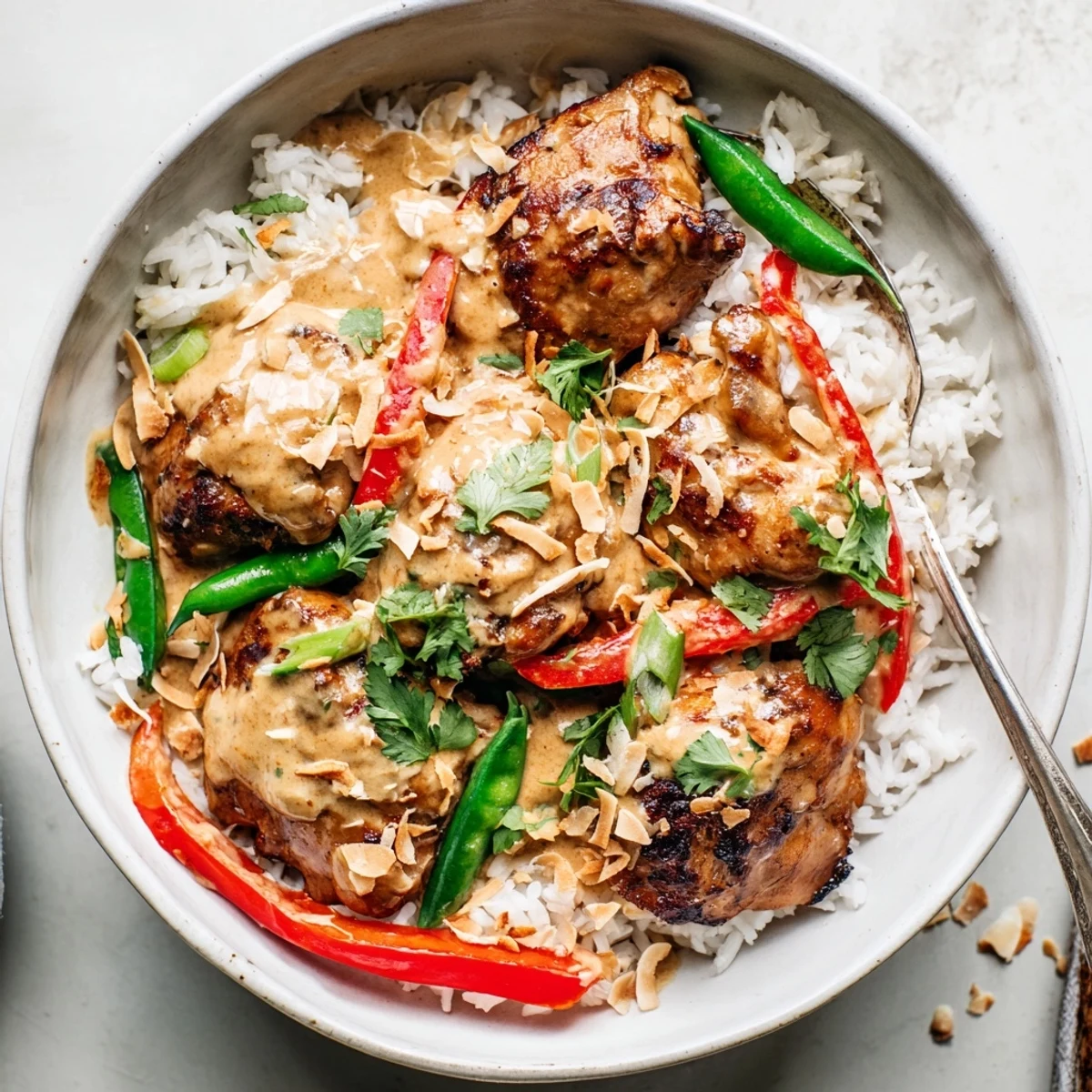 Weeknight Coconut Chicken Rice Bowl: tender chicken in rich coconut-lime sauce.