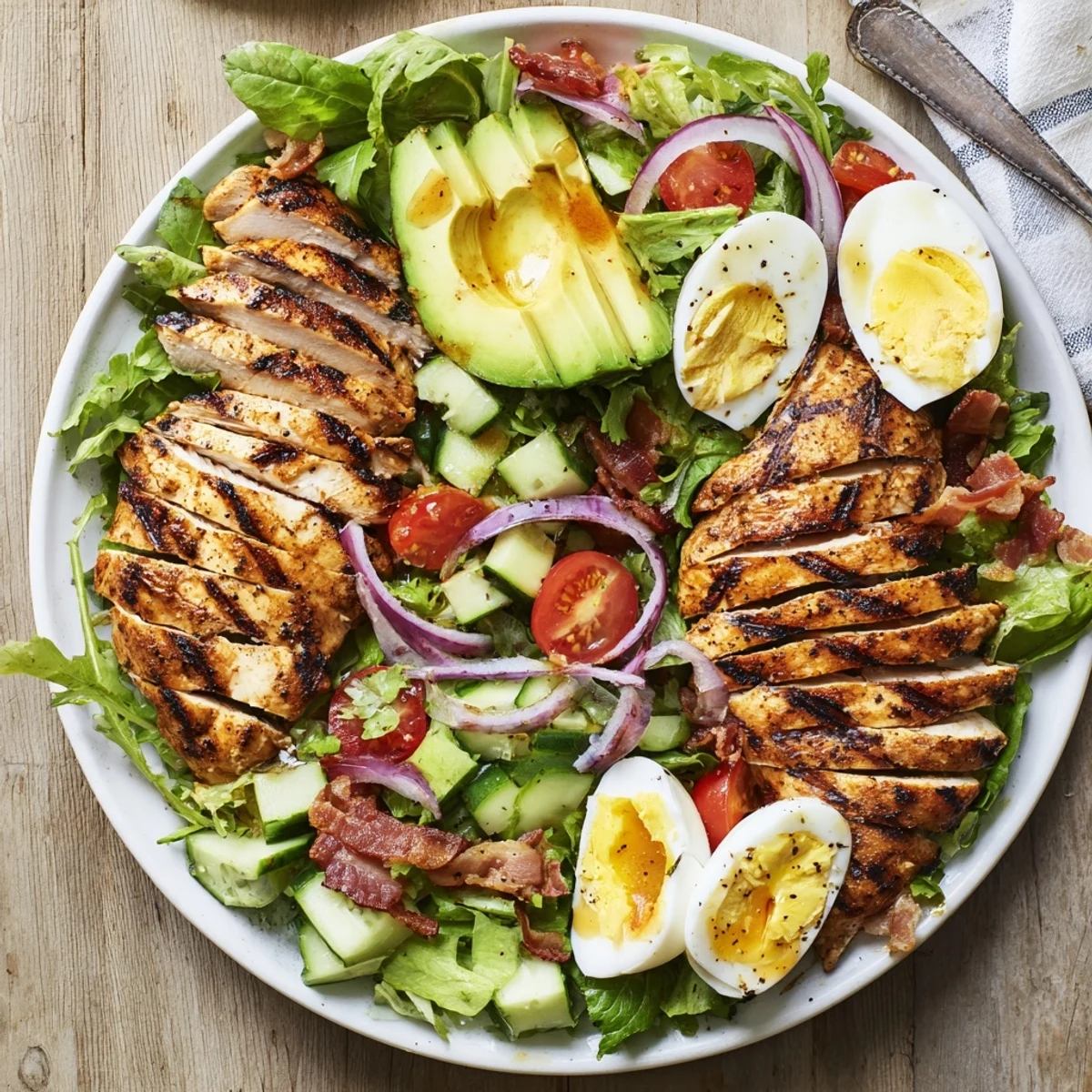 Paleo Grilled Chicken Cobb Salad plated with smoky grilled breast, creamy avocado