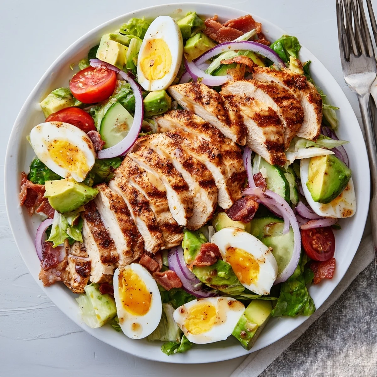 Bright Paleo Grilled Chicken Cobb Salad topped with sliced eggs, crunchy bacon