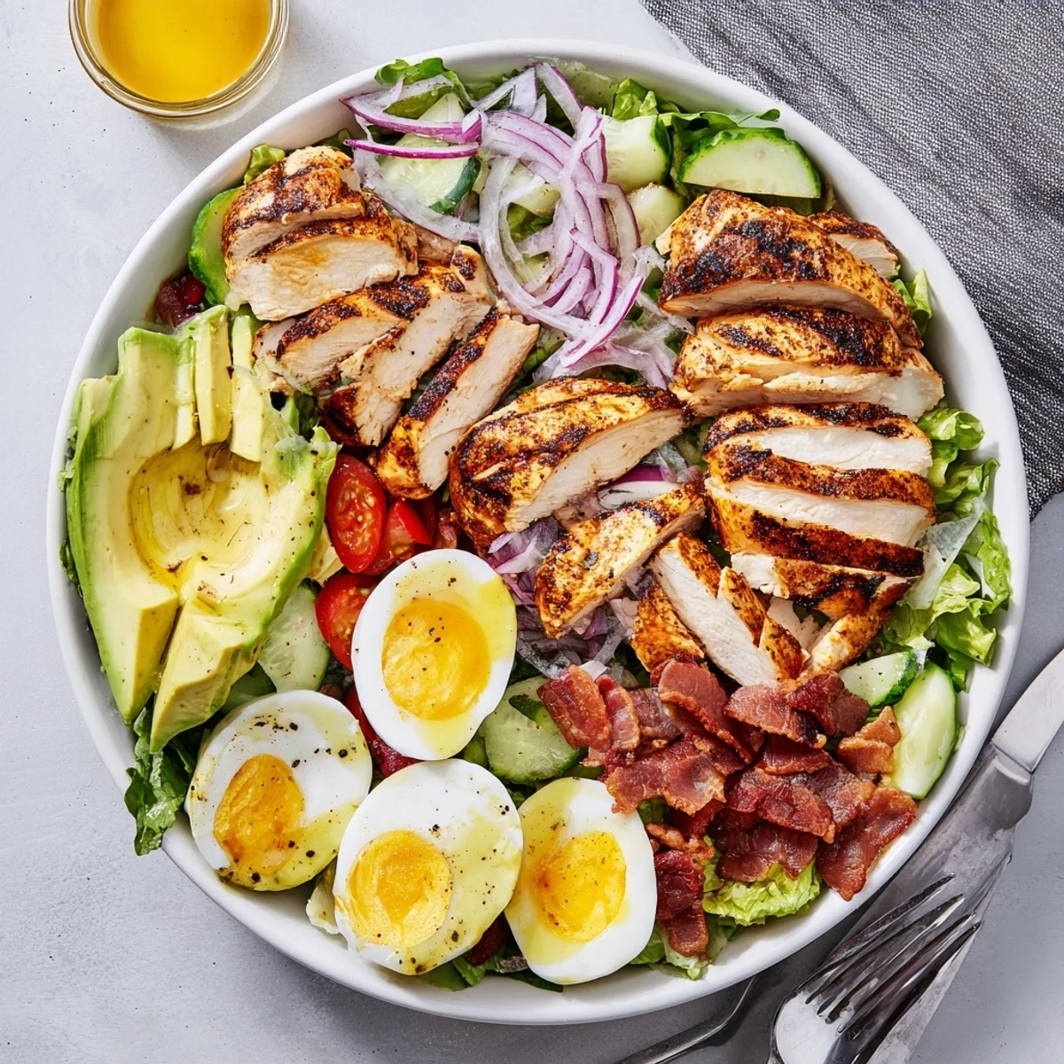 Family-style Paleo Grilled Chicken Cobb Salad drizzled with tangy apple cider vinaigrette