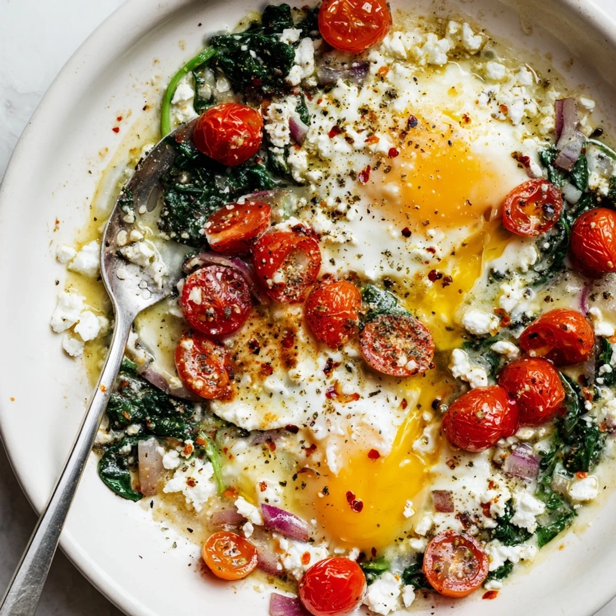 Warm Baked Feta Eggs With Tomatoes And Spinach bubbling in skillet