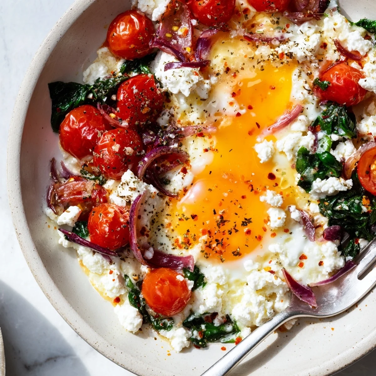 Baked Feta Eggs With Tomatoes And Spinach served with crusty bread