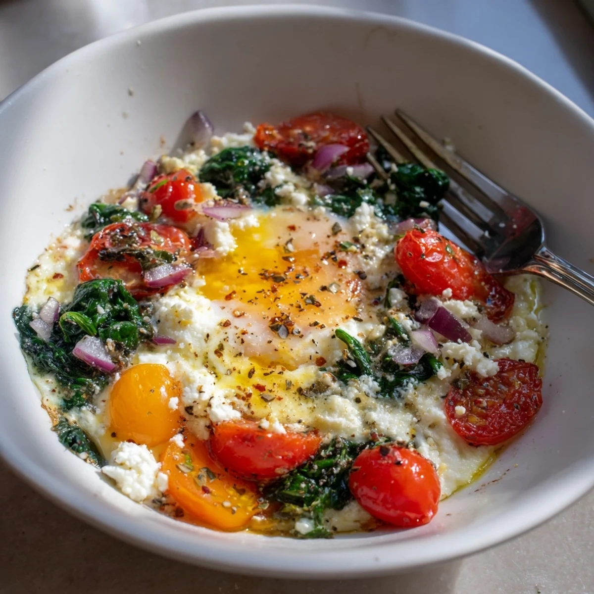 Baked Feta Eggs With Tomatoes And Spinach with garlicky aroma and runny yolks