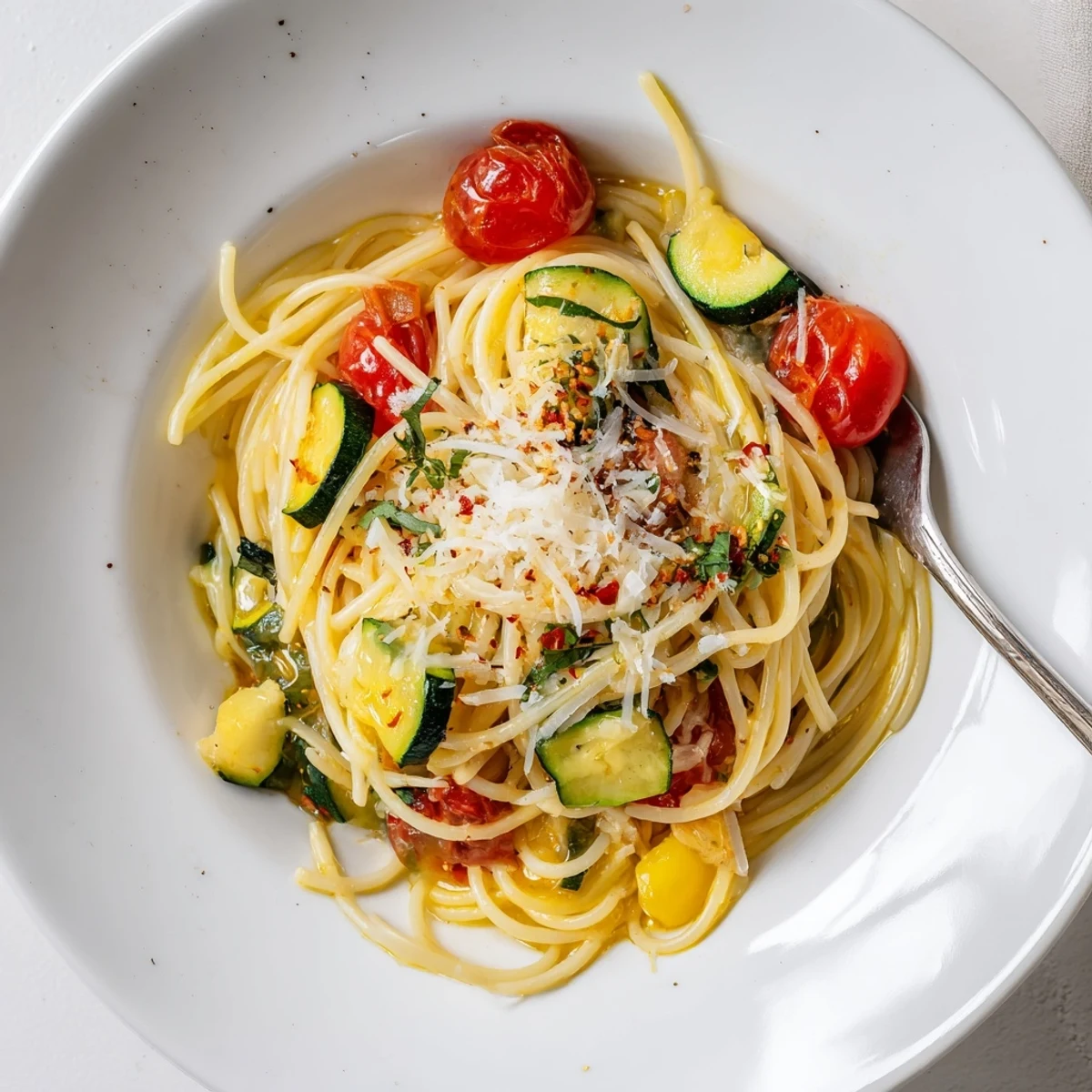 Tomato Zucchini Pasta steaming in a skillet, bright basil and grated Parmesan.