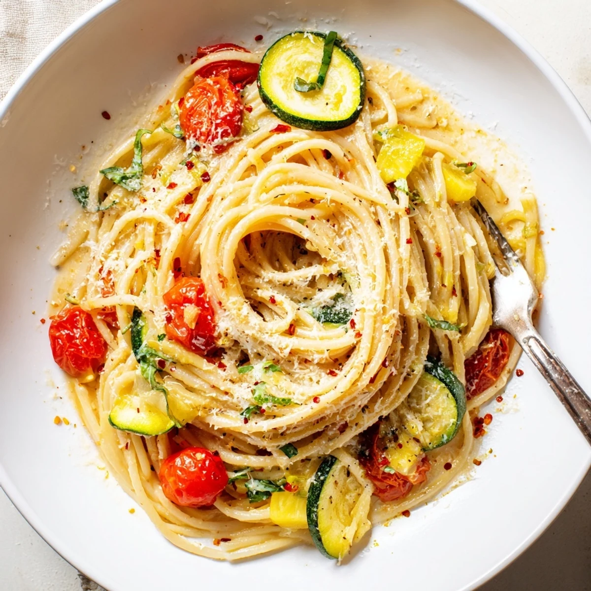 Plated Tomato Zucchini Pasta ready to serve, cherry tomatoes bursting, basil garnish.