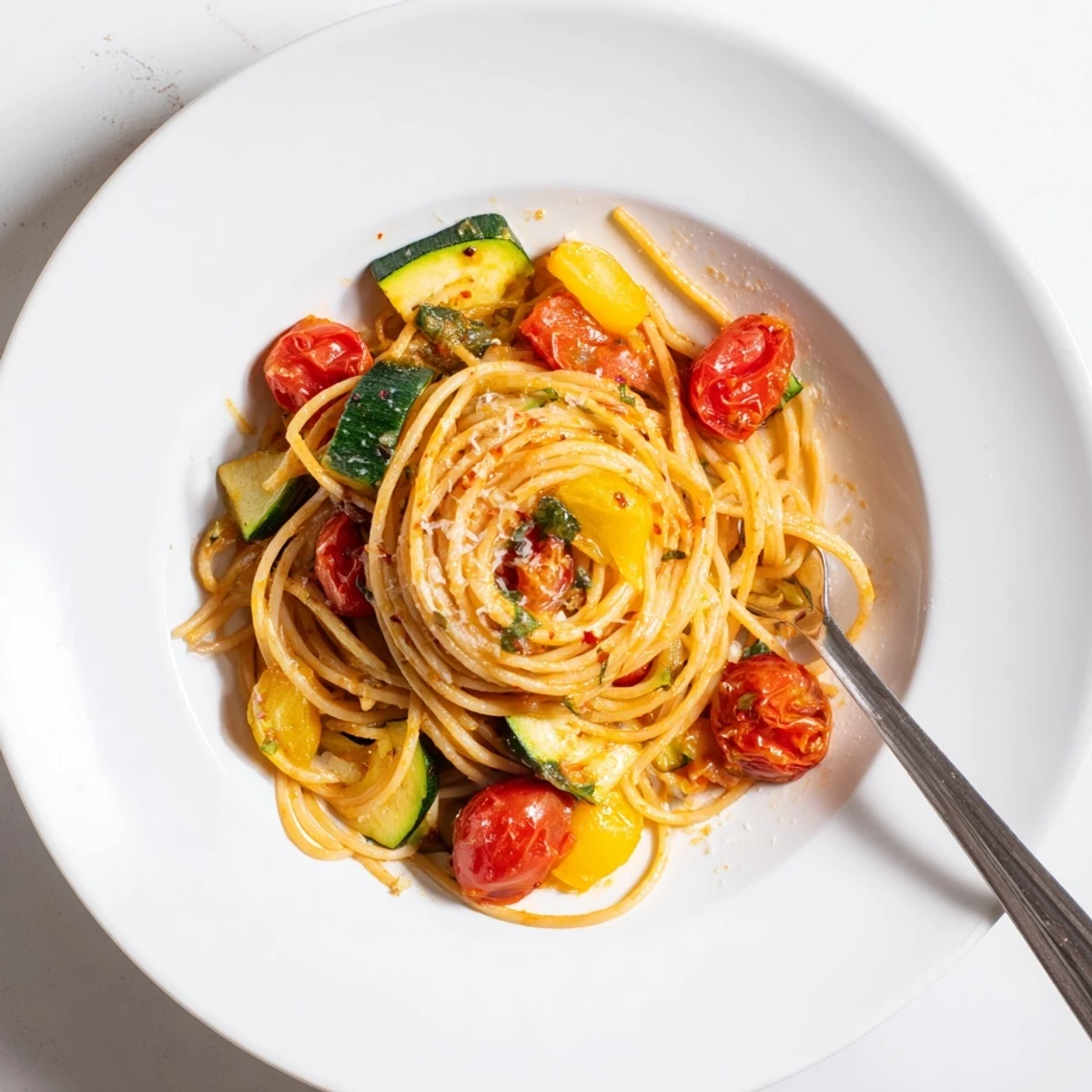 Silky Tomato Zucchini Pasta tossed with olive oil, garlic aroma and herbs.