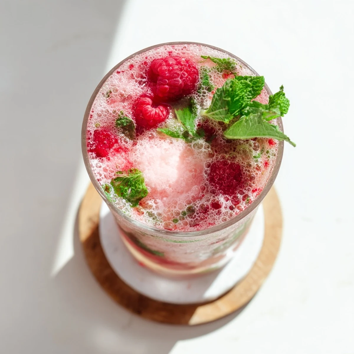 Tall glass of raspberry mint mojito rebel float with melting vanilla ice cream scoop and vibrant red berry swirls