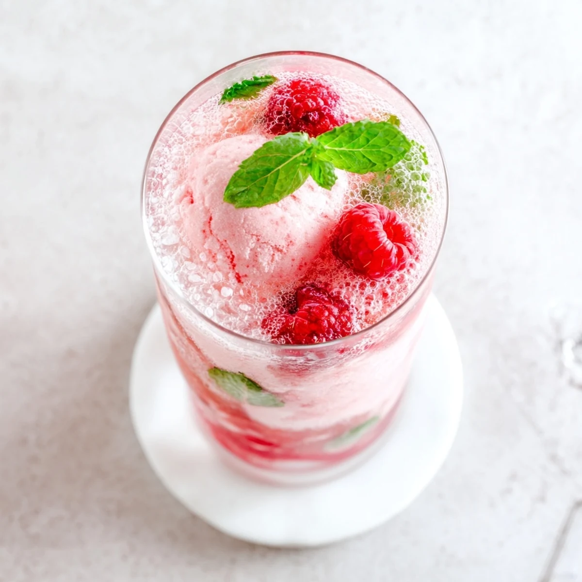 Refreshing summer drink featuring raspberry mint mojito rebel float topped with fresh mint sprig and whole raspberries