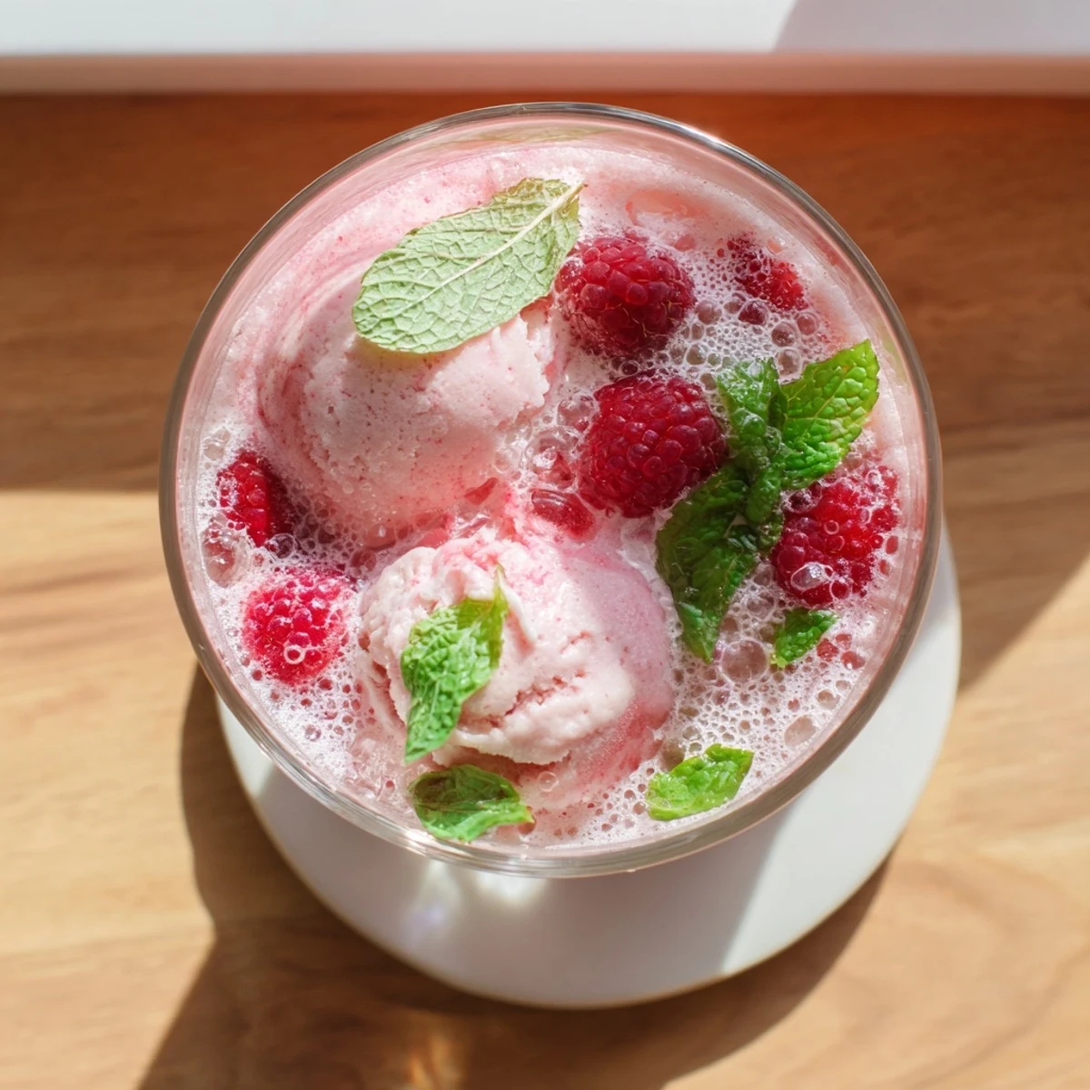 Creamy vanilla ice cream melting into fizzy raspberry mint mojito rebel float in tall glass with lime garnish