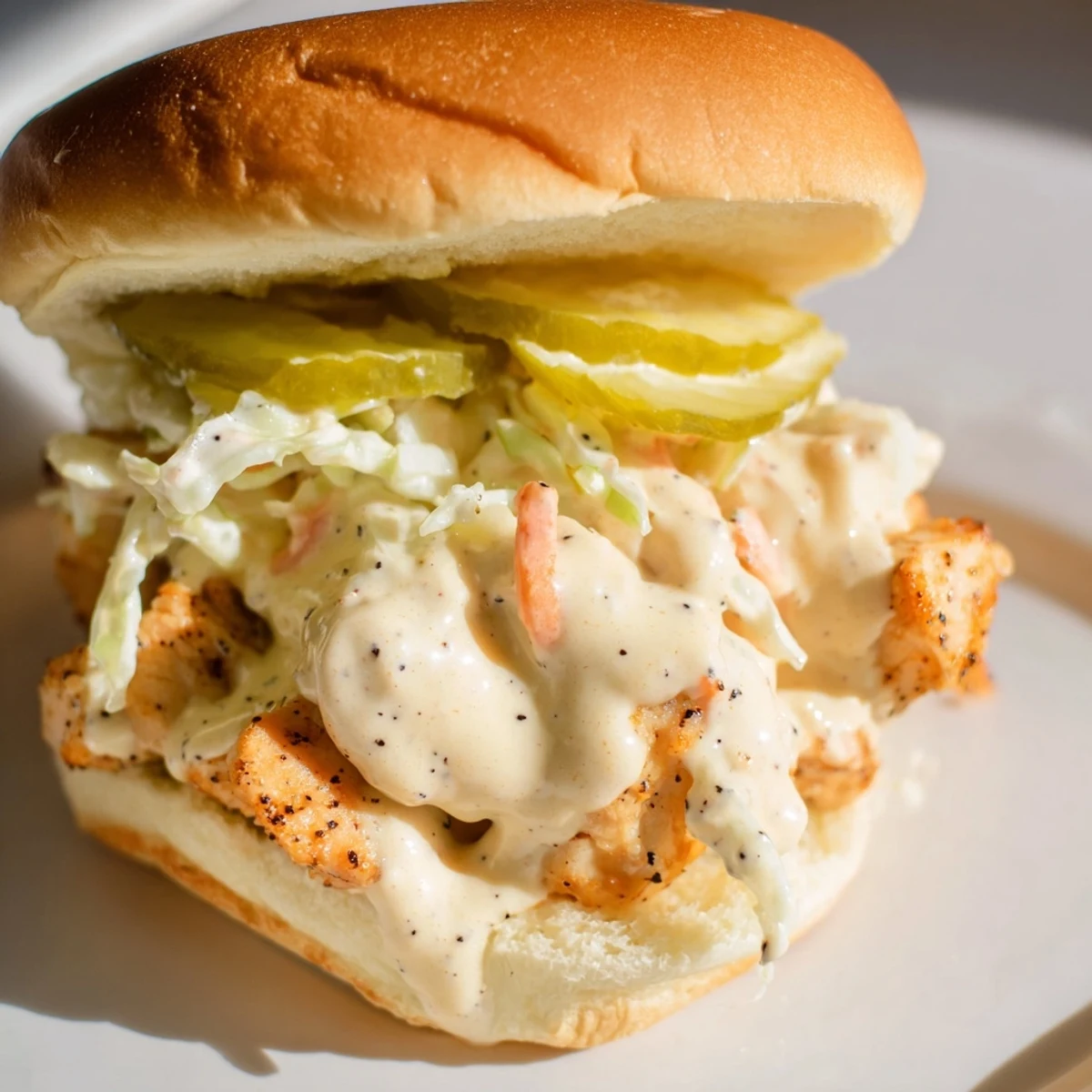 Alabama BBQ Chicken Chopped Sandwich featuring grilled chicken in creamy white sauce on toasted bun