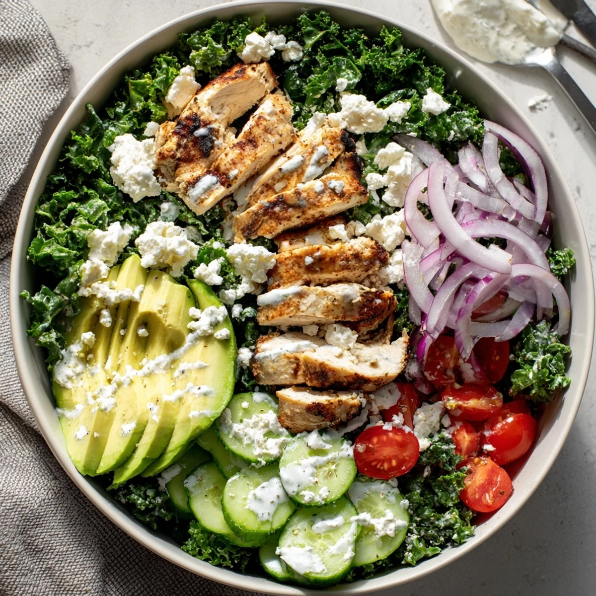 Healthy marinated kale and chicken bowl featuring crisp veggies and zesty yogurt dressing