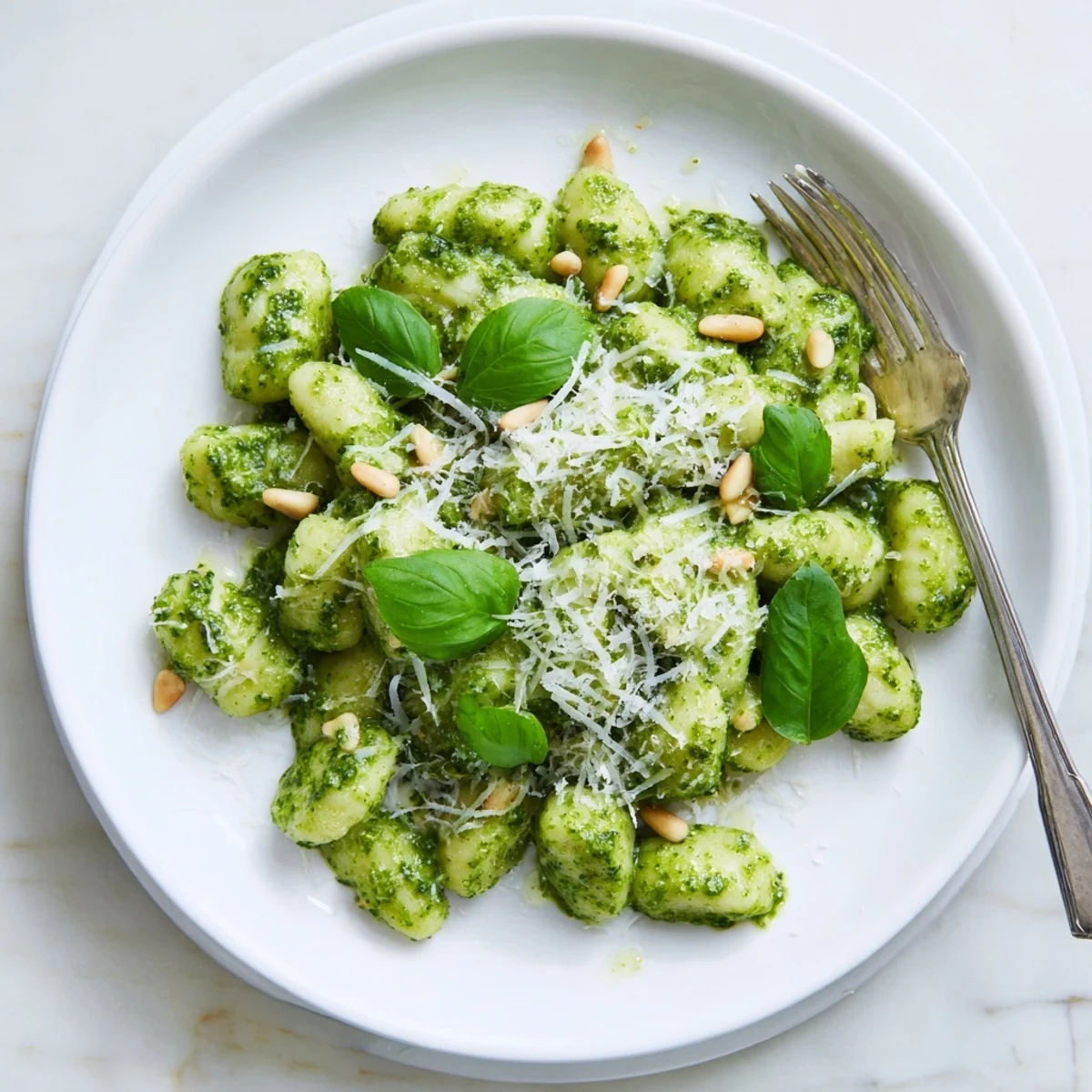 Creamy homemade pesto glistening over tender gnocchi topped with fresh basil and pine nuts