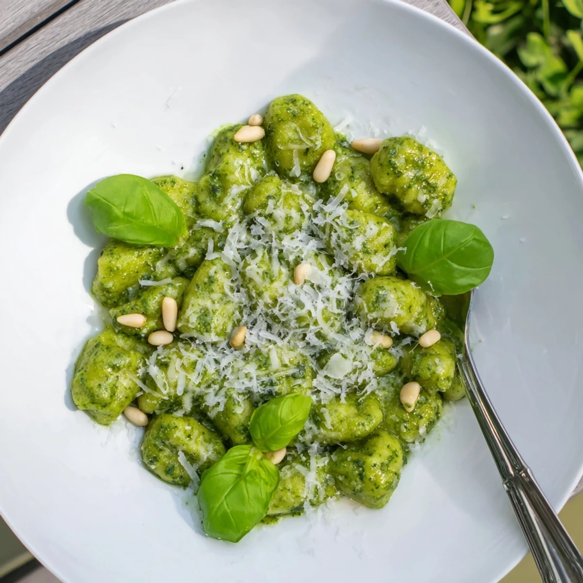 Soft potato gnocchi coated in vibrant green basil pesto sauce with grated Parmesan