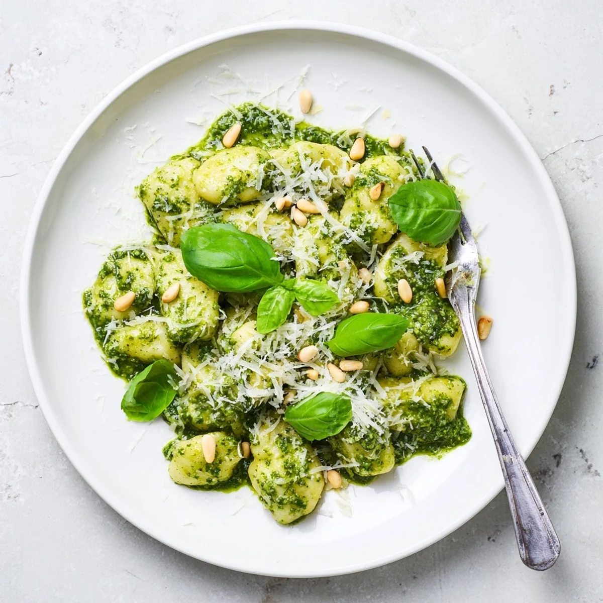 Golden potato gnocchi tossed with aromatic basil pesto garnished with extra Parmesan cheese