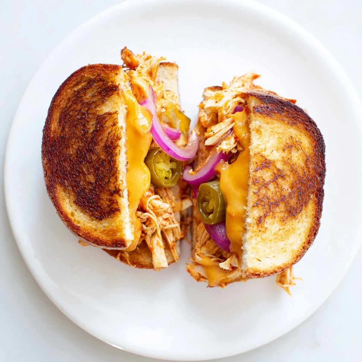 Golden BBQ chicken grilled cheese sandwich with melted cheddar on sourdough bread