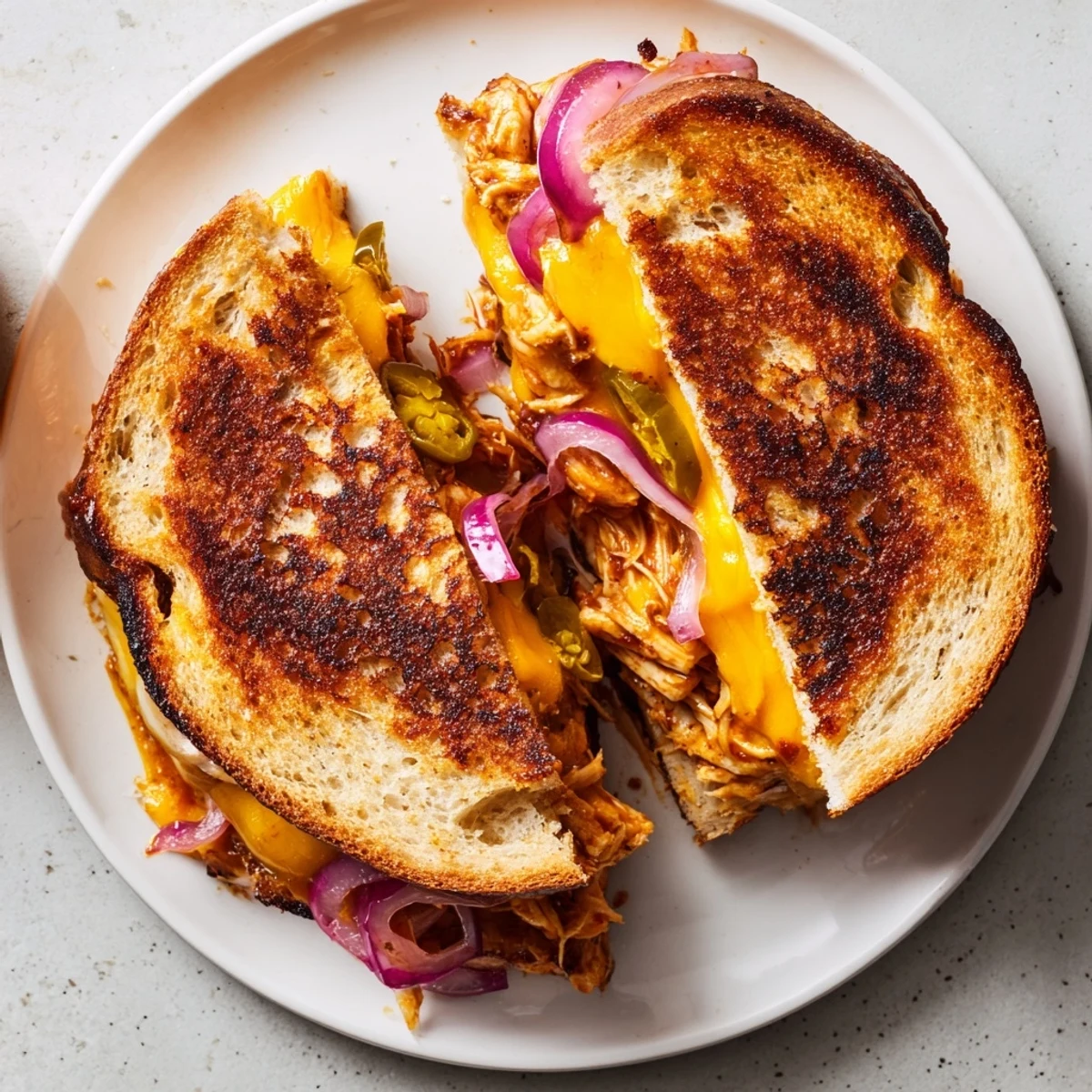 Savory BBQ chicken and melted cheese layered between crispy buttered sourdough slices