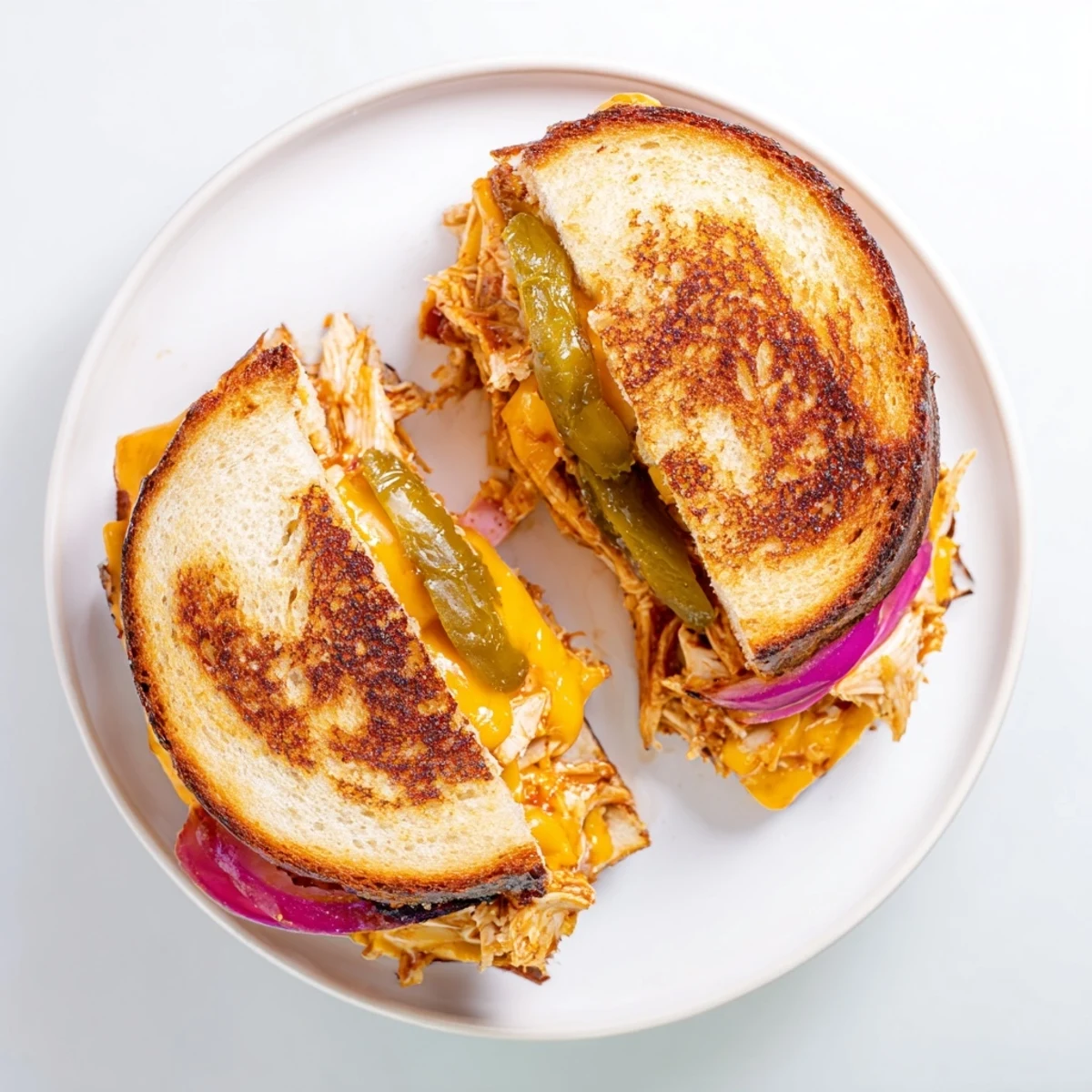  halves of BBQ chicken grilled cheese showing gooey cheese and smoky filling