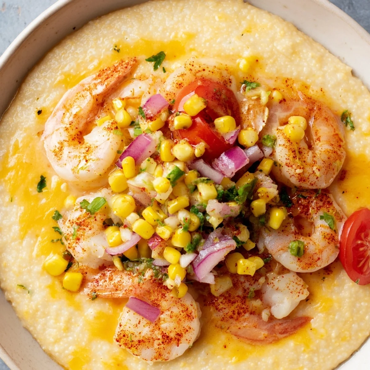 Golden bowl of creamy shrimp grits topped with fresh zesty corn salsa