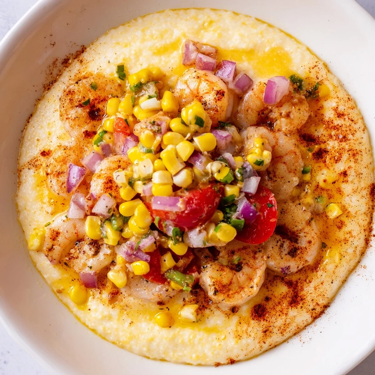 Close-up of cheesy shrimp grits with colorful corn salsa and chopped cilantro